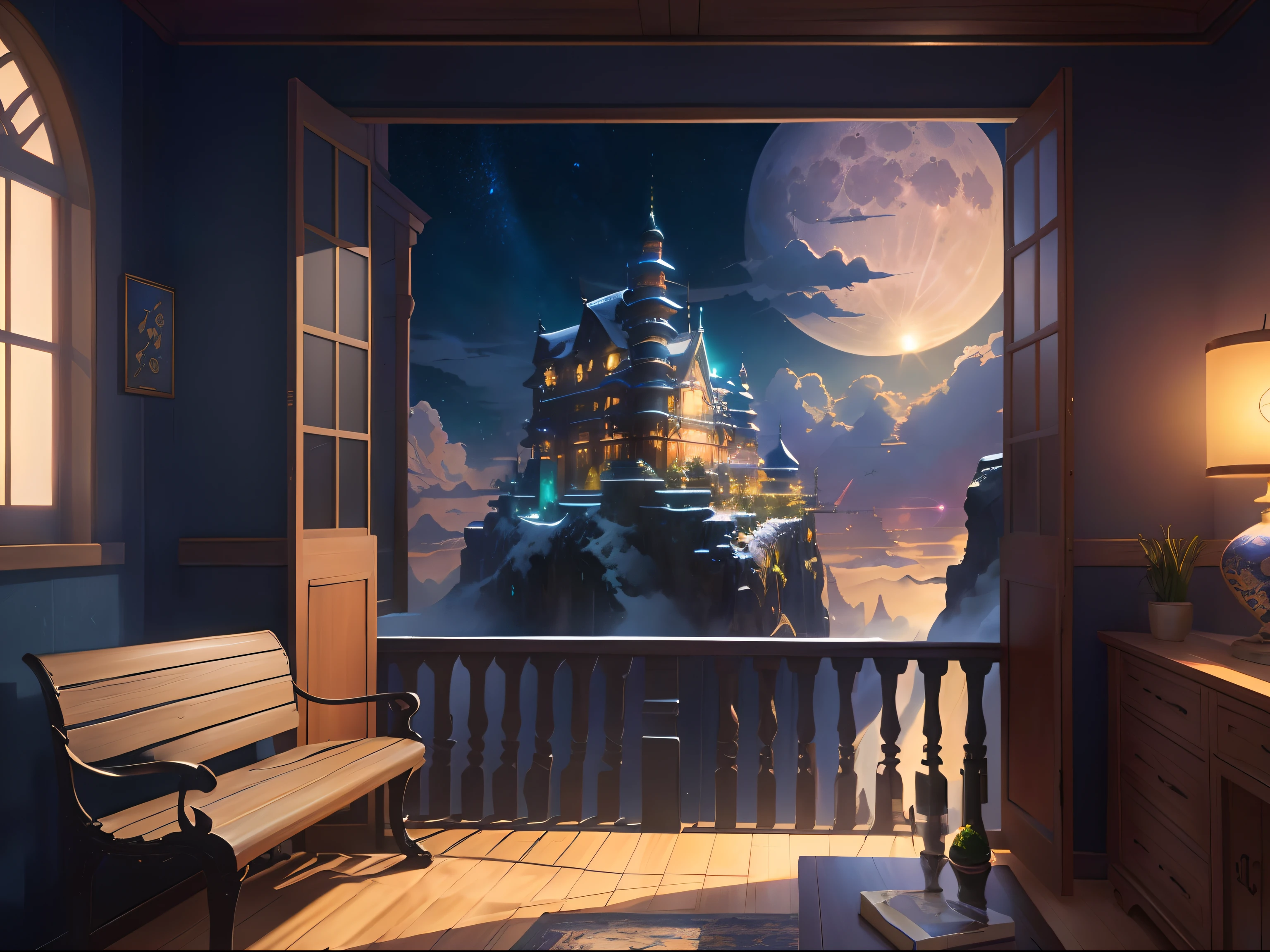 Use a bench to watch the anime scene of the full moon through the window, Anime background art, interior background art, anime backgrounds, G Liulian art style, ross tran. scenery background, beautiful aesthetic art, beautiful anime scenes, by Yang J, Anime art wallpaper 8 K, By Li Song, anime beautiful peace scene, arte de fundo, 8K high quality detailed art,fantasy,Old square
