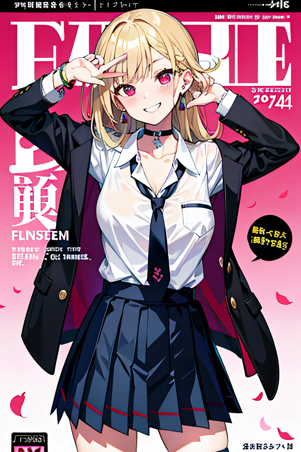 masterpiece, best quality, full body, 1girl, bangs, black choker, black necktie, blonde hair, blue skirt, blush, bracelet, breasts, choker, clothes around waist, collarbone, collared shirt, cowboy shot, dress shirt, ear piercing, eyebrows visible through hair, gradient hair, grin, gyaru, jewelry, kogal, long hair, looking at viewer, loose necktie, necktie, piercing, plaid, plaid skirt, pleated skirt, red eyes, ring, school uniform, shirt, skirt, smile, solo, white shirt, street, sky, cherry blossoms, petals,illustration, (magazine:1.3), (cover-style:1.3), fashionable, woman, vibrant, outfit, posing, front, colorful, dynamic, background, elements, confident, expression, holding, statement, accessory, majestic, coiled, around, touch, scene, text, cover, bold, attention-grabbing, title, stylish, font, catchy, headline, larger, striking, modern, trendy, focus, fashion,