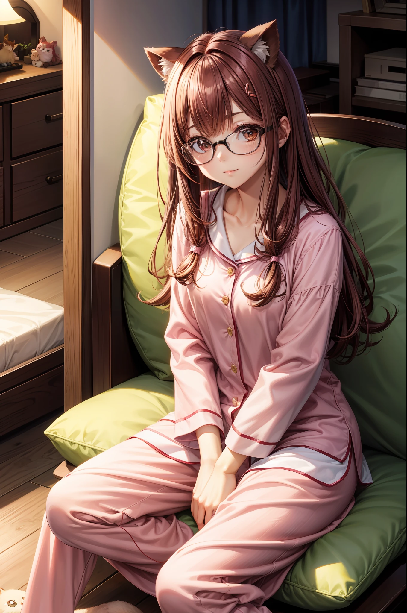 Pink pajamas，brunette color hair，eye glass，crossedlegs，Tanuki cat，long whitr hair，sitted