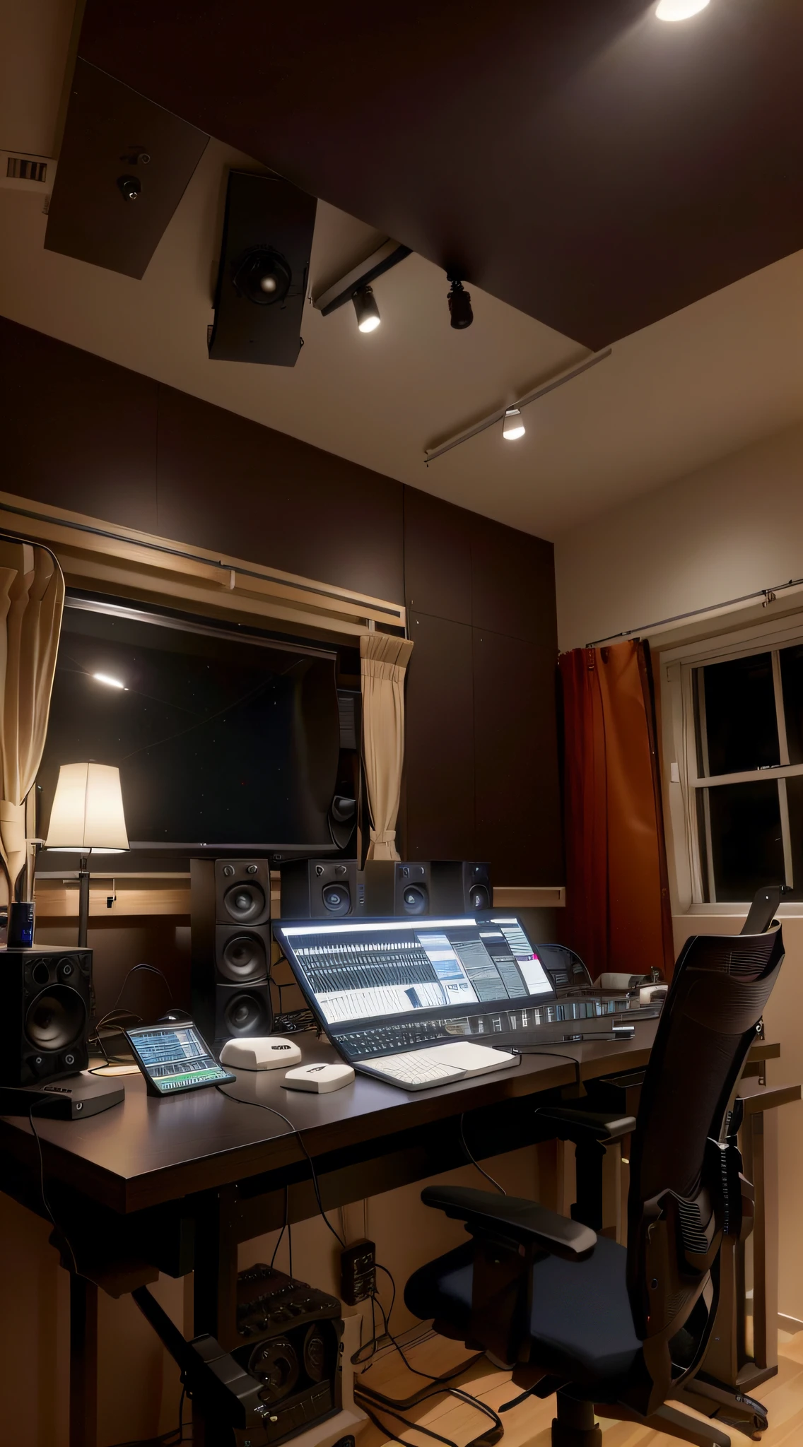 There was a table in the room,No chairs,Inside there is a laptop and monitor, studio room, Studio Lightning, blend, Large studio, Studio recording, studio setup, studio lit, Kyoto studio, Studio, studio ambient lighting, professional studio llghting, Studio shaft, Axis Studios, Studio spotlight, in a dark studio room, studio setup, Kyoto studio, Studio lights, Studio atmosphere