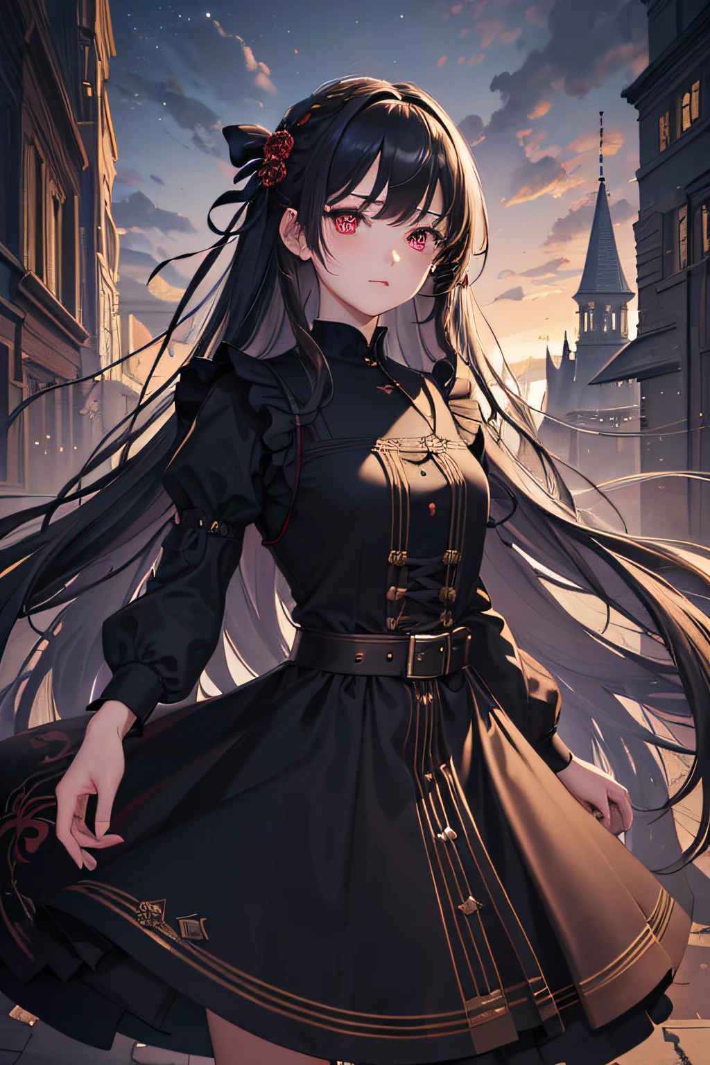 (masterpiece, top quality, best quality, official art, beautiful and aesthetic:1.2), (1girl:1.3), (fractal art:1.3), yoru, 1girl, long hair, black hair, red eyes, scar on face, ringed eyes, (pinafore dress, black belt, black ribbon), night city, luminous signs, upper-body, looks at the viewer