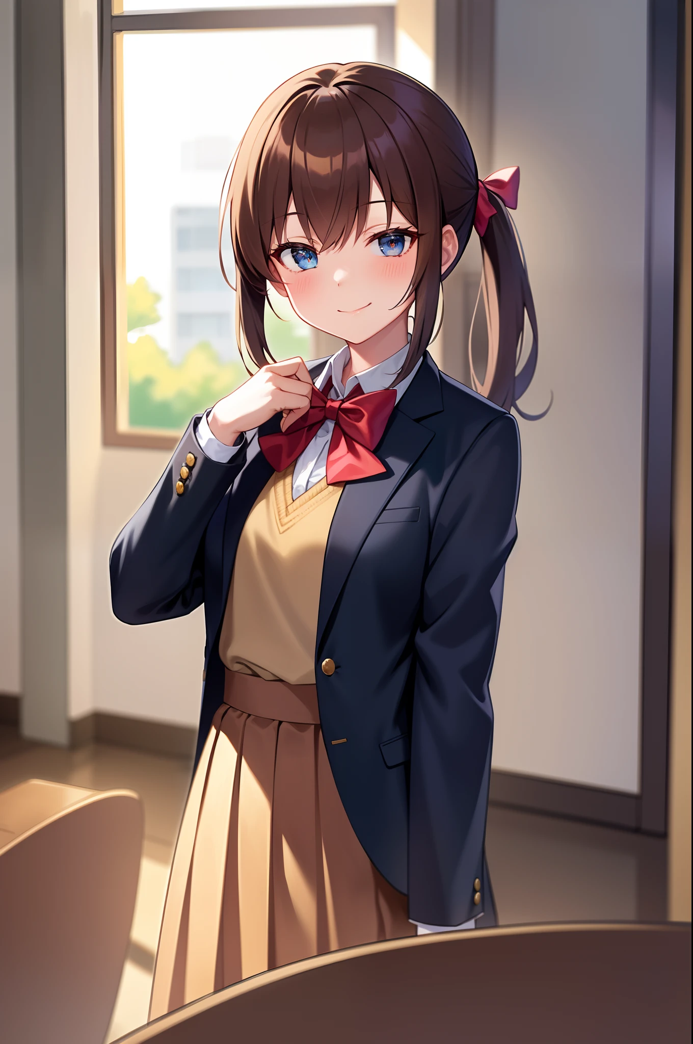 Best quality, (Masterpiece:1.2), Highly detailed, standing, school, hallways,
1girll, Solo, Minami Akatsuki,
looking at viewert, Closed mouth, Smile, (Upper body:1.4),
Blue eyes, Brown hair, pony tails, Hair Bow, school uniform, Blazer, red bowtie, Open clothes