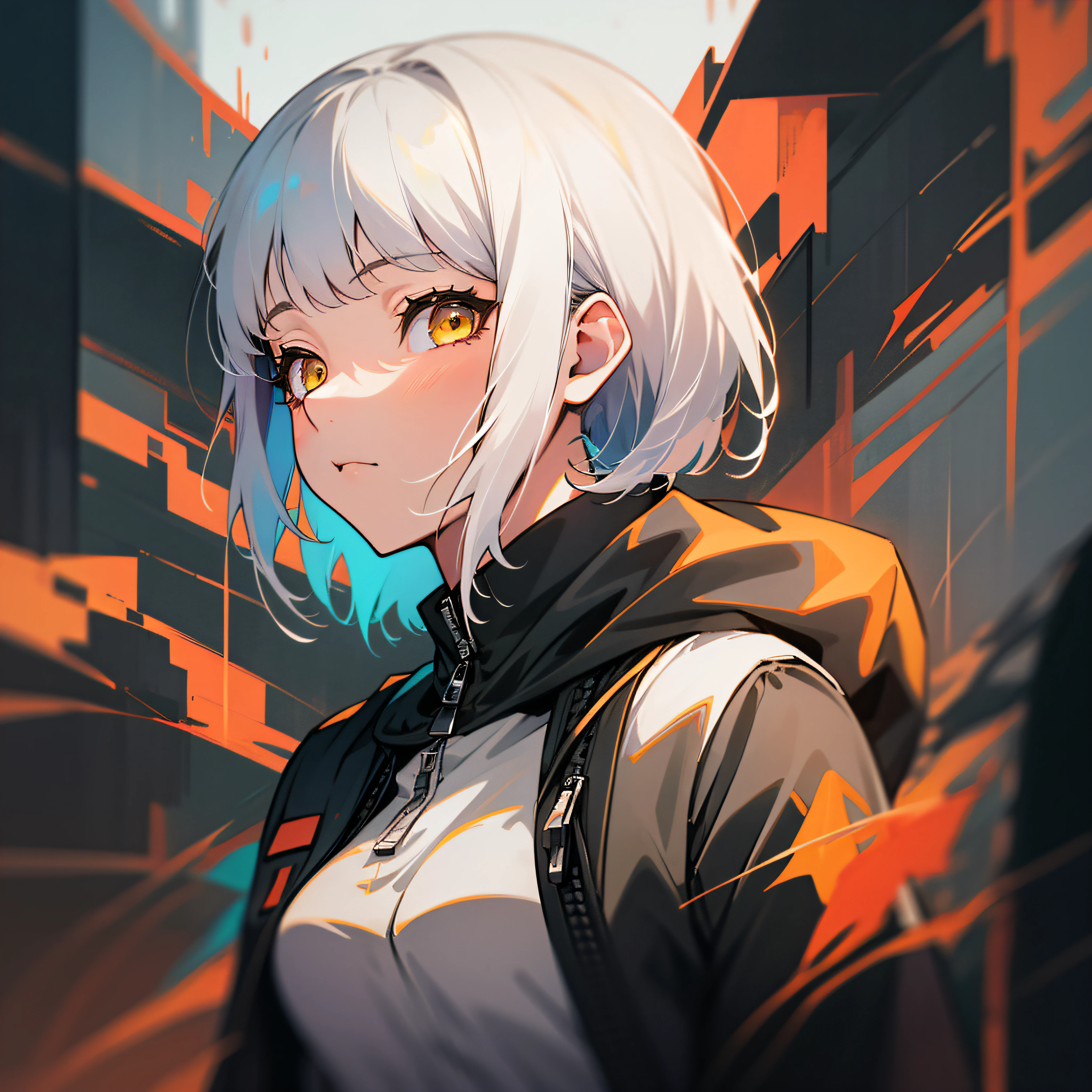 MKSKS style, (highly detailed back ground:1.0), (highly detailed back ground:1.0), 1 Portrait of a girl, full_Body, up looking_で_viewer, parka, boyish, short-haired, white  hair, partially_Unzip, ​masterpiece, top-quality, (1girl in, 独奏, girl with:1.2), chromatic abberation, depth of fields, Soft lighting,