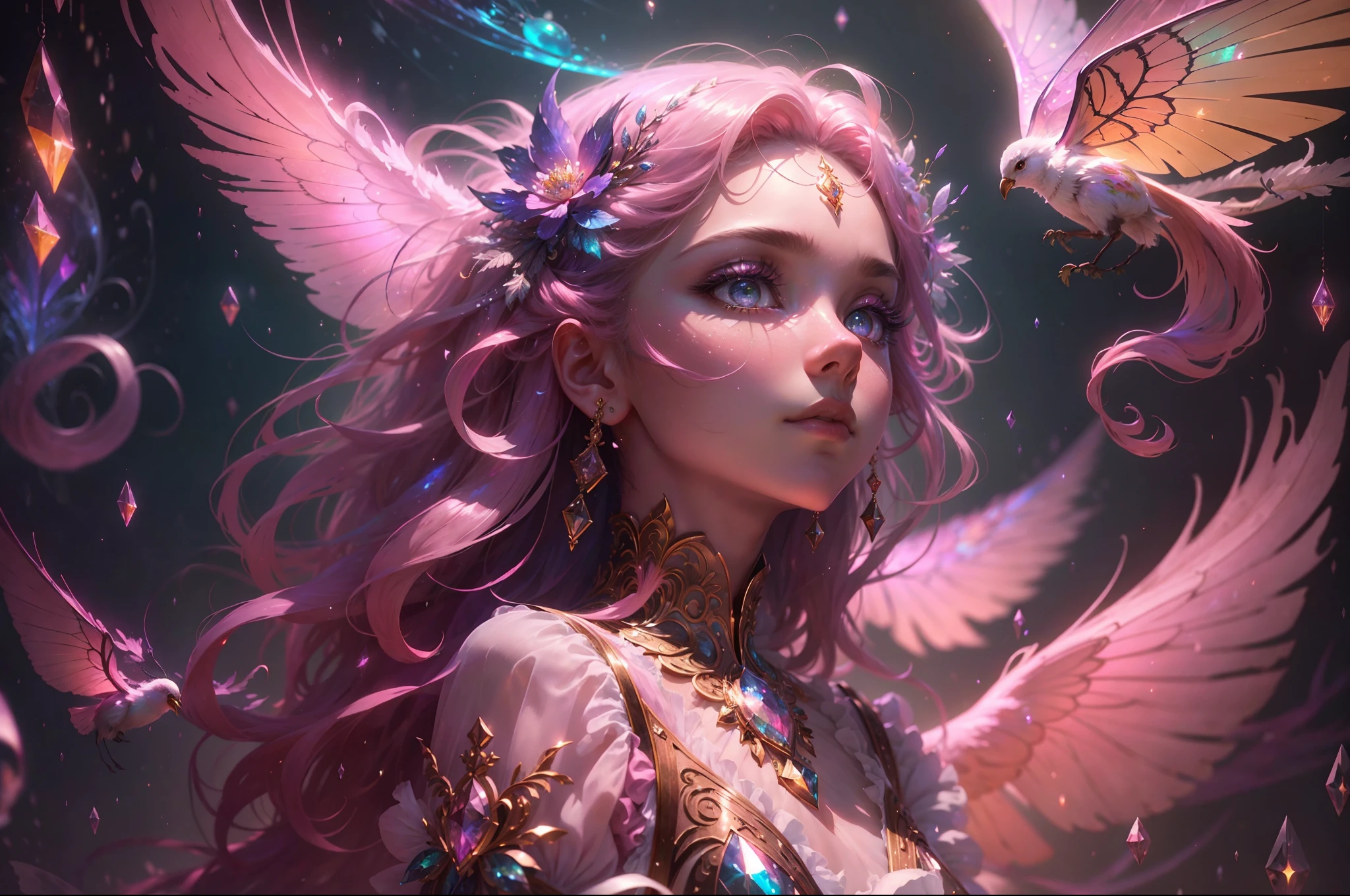 (((masterpiece))), (((best quality))), ((ultra-detailed)),(highly detailed CG illustration), ((an extremely delicate and beautiful)),cinematic light, Create a stunning fantasy artwork that mimics the style of currently trending masters of the genre. The art piece should contain elements of both mythic fantasy and fairytale fantasy with colorful accents. ((Utilize various shades of pink and watercolor pastels as the main color scheme.)) The character in the artwork is a delicate but strong petite figure with an aura of mystery and magic. Pay close attention to intricate facial features, such as mesmerizing eyes with vibrant colors and bold shading. The character's clothing should be designed with gossamer feathers, silk, stunning embroidery, and subtle iridescent details. Incorporate dreamy colors, dynamic lighting, and detailed background elements to create a sense of awe and immersion. Include colorful flying magical birds and jewel-toned butterflies radiating a magical aura. Consider the latest trends in fantasy art, such as incorporating unique lighting effects, exploring dynamic and compelling composition techniques, and experimenting with unique color palettes. Take inspiration from the top artists on ArtStation and Midjourney. Camera: Choose an angle that highlights the character's beauty and enhances the magical majesty of the artwork. Lighting: Utilize atmospheric lighting techniques to create depth and mood. Resolution: Aim for a high-resolution artwork to showcase intricate details and clarity. Art Inspirations: Seek inspiration from the trending artists on ArtStation, exploring different styles, genres, and themes.