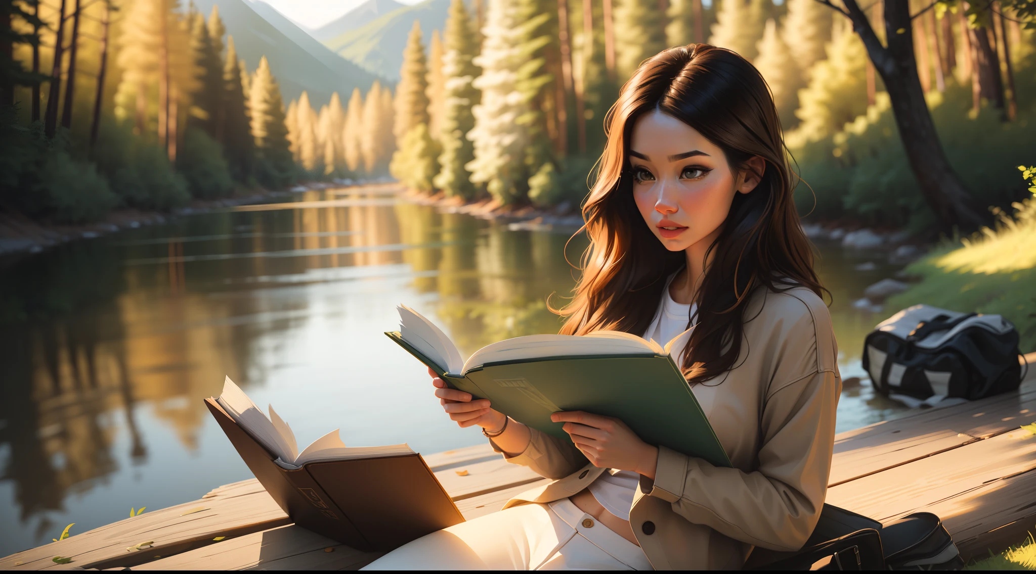 photorealistic, extremely detailed CG unity 8k wallpaper,masterpiece, best quality, ultra-detailed, beautiful detailed eyes focus on reading,best illumination, best shadow,,solo,Olivia Munn face,reading a book , jeansibreeze, long hair, brown hair, perfect body, dynamic angle, character studying in a peaceful natural setting (forest/river). realistic" while sitting
