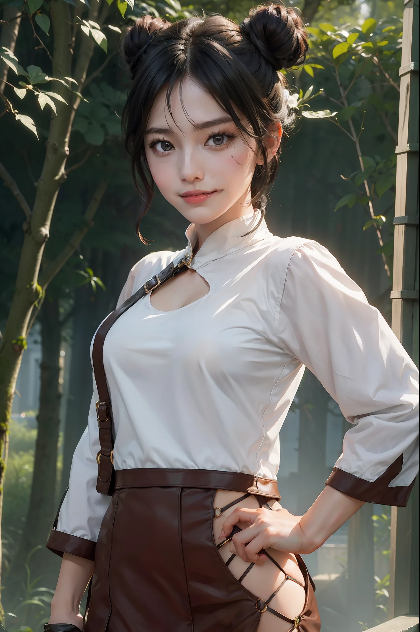 1girl, (8k, RAW photo, best quality, masterpiece:1.2), (ultra highres:1.0),detailed illustration, (real person,fashion photography portrait,photograph), detailed, detailed beautiful skin, (realistic, photo-realistic:1.37), tentenNS, solo, professional lighting, black dress), village, east asian architecture, trees, village hidden in the leaves background,looking_at_viewer, smile,black hair,brown eyes,mitain,toeless footwear,kunai,facial mark,fighting_stance,fence,ninja,adjusting gloves,sleeveless,cleavage, very big breasts