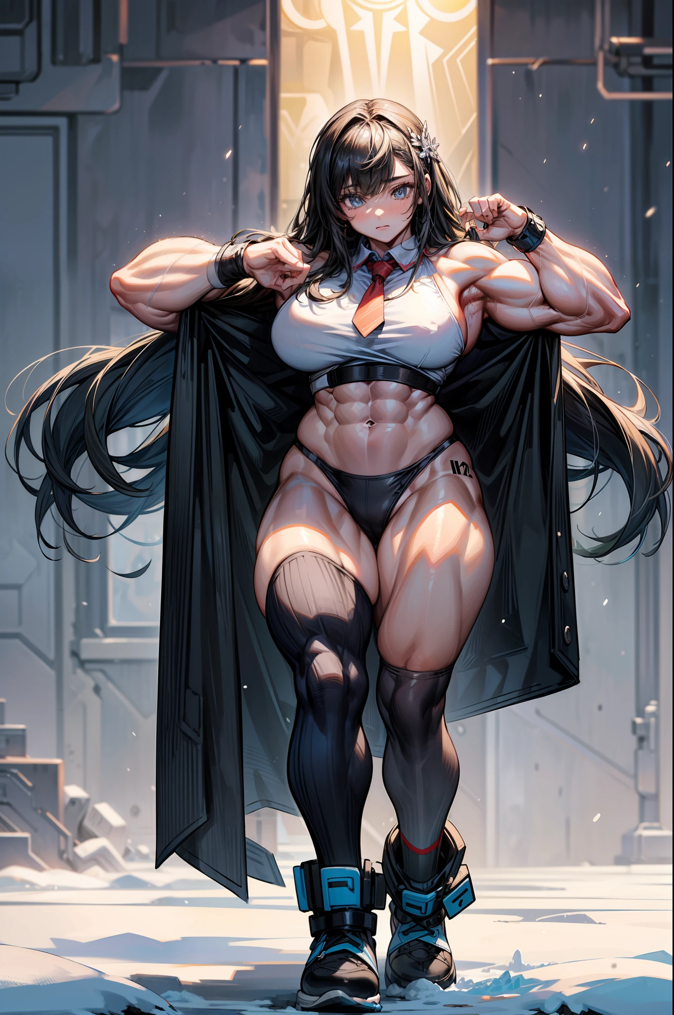 (BEST lighting) , (ultra intricately detailed) , 4K unification, (super-detailed CG: 1.2) , (8K: 1.2),(Original), (Masterpiece) , (Best quality),(Masterpiece:1.4),Anime-ish high quality,(Masterpiece),Masterpiece, Super clear picture quality,Clearer than movies,(Fine face)Best quality, absurderes,((masterpeace, 4K, 8K, Yes, A high resolution))1girll, girls,She was on an empty black field,standing on your feet,Exposing the abdomen, Crop topping,There are bulges of dense veins on the arms,Spring, Boots, Perfect figure, Long silver hair, Dynamic pose, ((body builder:1.5)),Heavy snow against a snowy background,(Beautiful bace),(Girl),(Female),(((Upper body:1)))