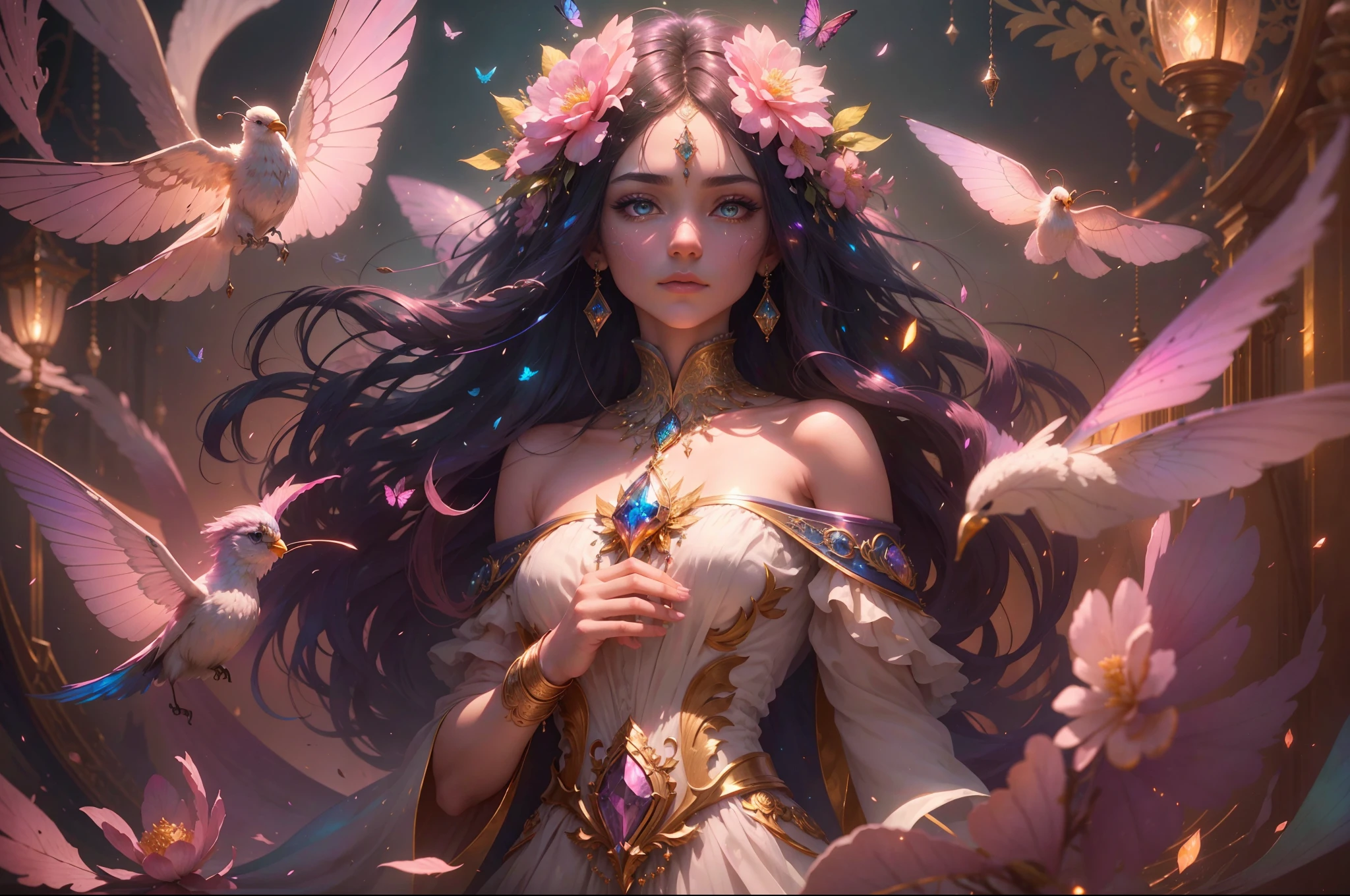 (((masterpiece))), (((best quality))), ((ultra-detailed)),(highly detailed CG illustration), ((an extremely delicate and beautiful)),cinematic light, Create a stunning fantasy artwork that mimics the style of currently trending masters of the genre. The art piece should contain elements of both mythic fantasy and fairytale fantasy with colorful accents. ((Utilize various shades of pink and watercolor pastels as the main color scheme.)) The character in the artwork is a delicate but strong petite figure with an aura of mystery and magic. Pay close attention to intricate facial features, such as mesmerizing eyes with vibrant colors and bold shading. The character's clothing should be designed with gossamer feathers, silk, stunning embroidery, and subtle iridescent details. Incorporate dreamy colors, dynamic lighting, and detailed background elements to create a sense of awe and immersion. Include colorful flying magical birds and jewel-toned butterflies radiating a magical aura. Consider the latest trends in fantasy art, such as incorporating unique lighting effects, exploring dynamic and compelling composition techniques, and experimenting with unique color palettes. Take inspiration from the top artists on ArtStation and Midjourney. Camera: Choose an angle that highlights the character's beauty and enhances the magical majesty of the artwork. Lighting: Utilize atmospheric lighting techniques to create depth and mood. Resolution: Aim for a high-resolution artwork to showcase intricate details and clarity. Art Inspirations: Seek inspiration from the trending artists on ArtStation, exploring different styles, genres, and themes.