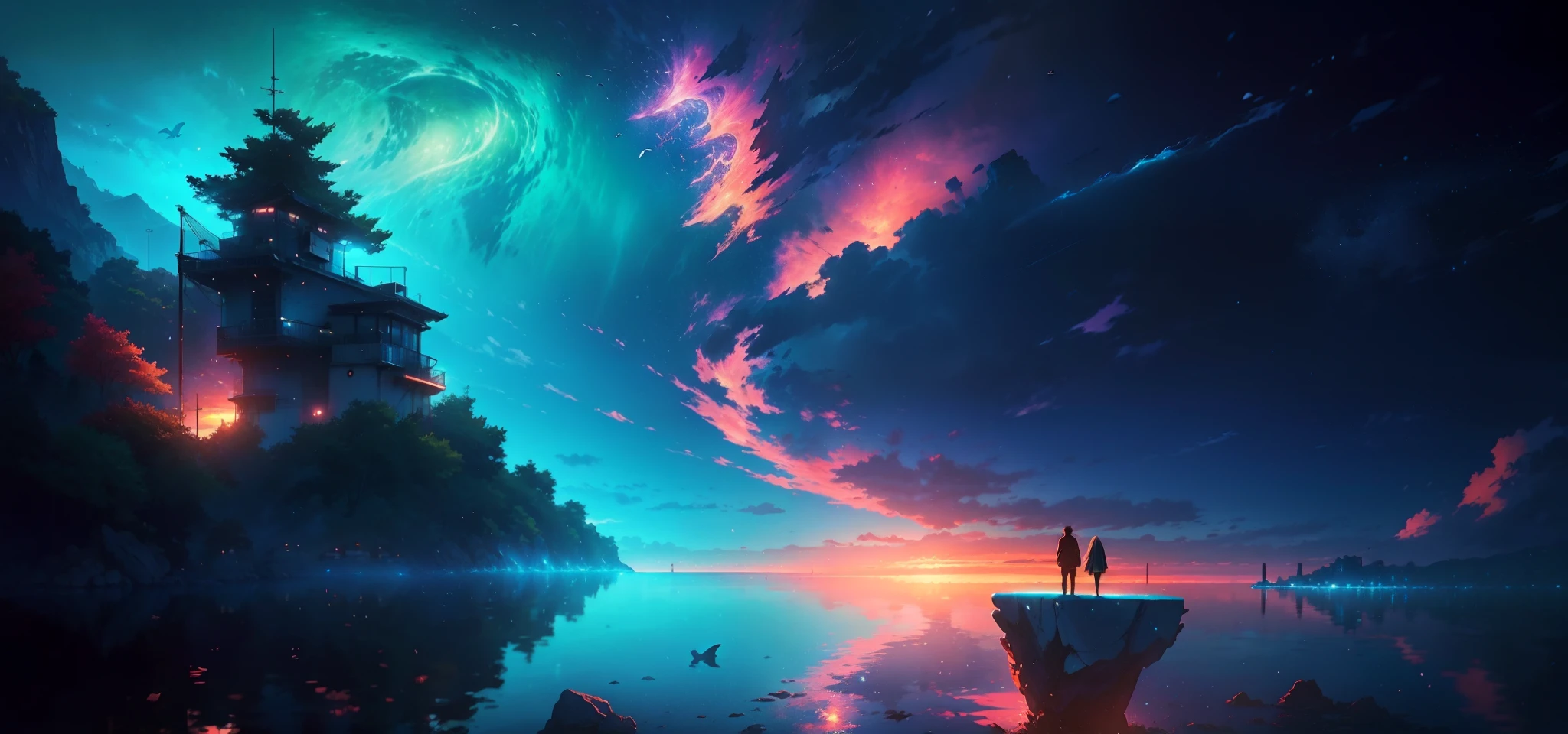 anime scene of two people sitting on a rock looking at a whale, makoto shinkai cyril rolando, guweiz and makoto shinkai, wallpaper anime blue water, ( ( makoto shinkai ) ), anime film still, makoto shinkai and bioware, blue sea. by makoto shinkai, colorful anime movie background