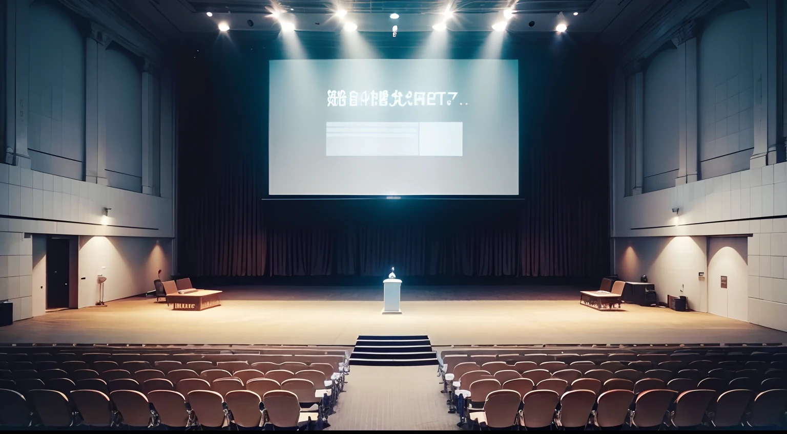 Research Presentations,Very big white hall,Person in suit sitting on pipe chair々,There is a screen on the stage,There is a long white desk