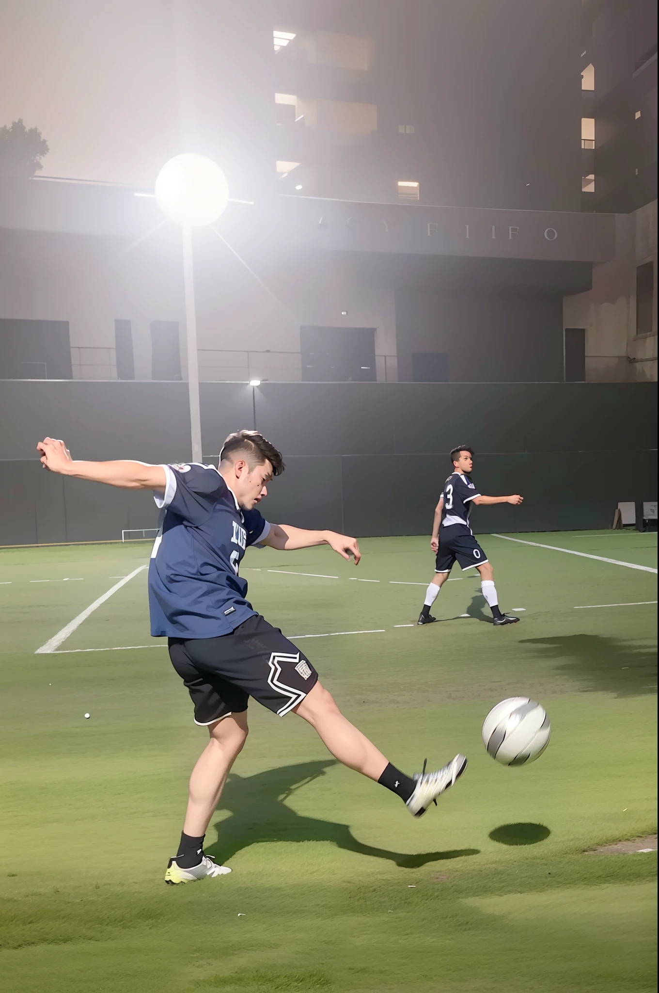 A great group of footballers,Good bro,They play football on the pitch at night, taken with canon 8 0 d, action shot, play soccer, best qualtiy, tmasterpiece, 超A high resolution, (realisticlying:1.5), RAW photogr,in the darkness nigth, deep shading, low tune, cold light, short detailed hair,Black hair, surrealism, surrealism, Cinematic lighting, 8K, Super detail, High details, High quality, Award-Awarded, A high resolution, 16k, Anatomically correct, Textured skin