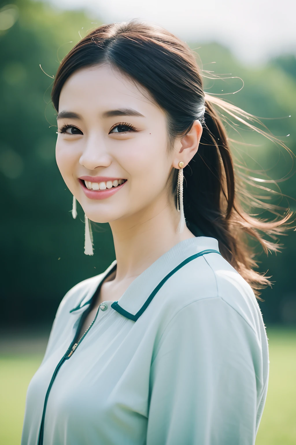 Beautiful photo of Chinese pop idol woman, Summer, lecherous, filmgrain, Ilford HP5, 80mm，Bust，Dopamine clothing，Green stud earrings，Background bokeh，The facial features are three-dimensional and exquisite，big laughter，teeth，having fun，pony tails，Exaggerated stud earrings，Liu Yifei，Cute ，largeeyes，long eyelasher，