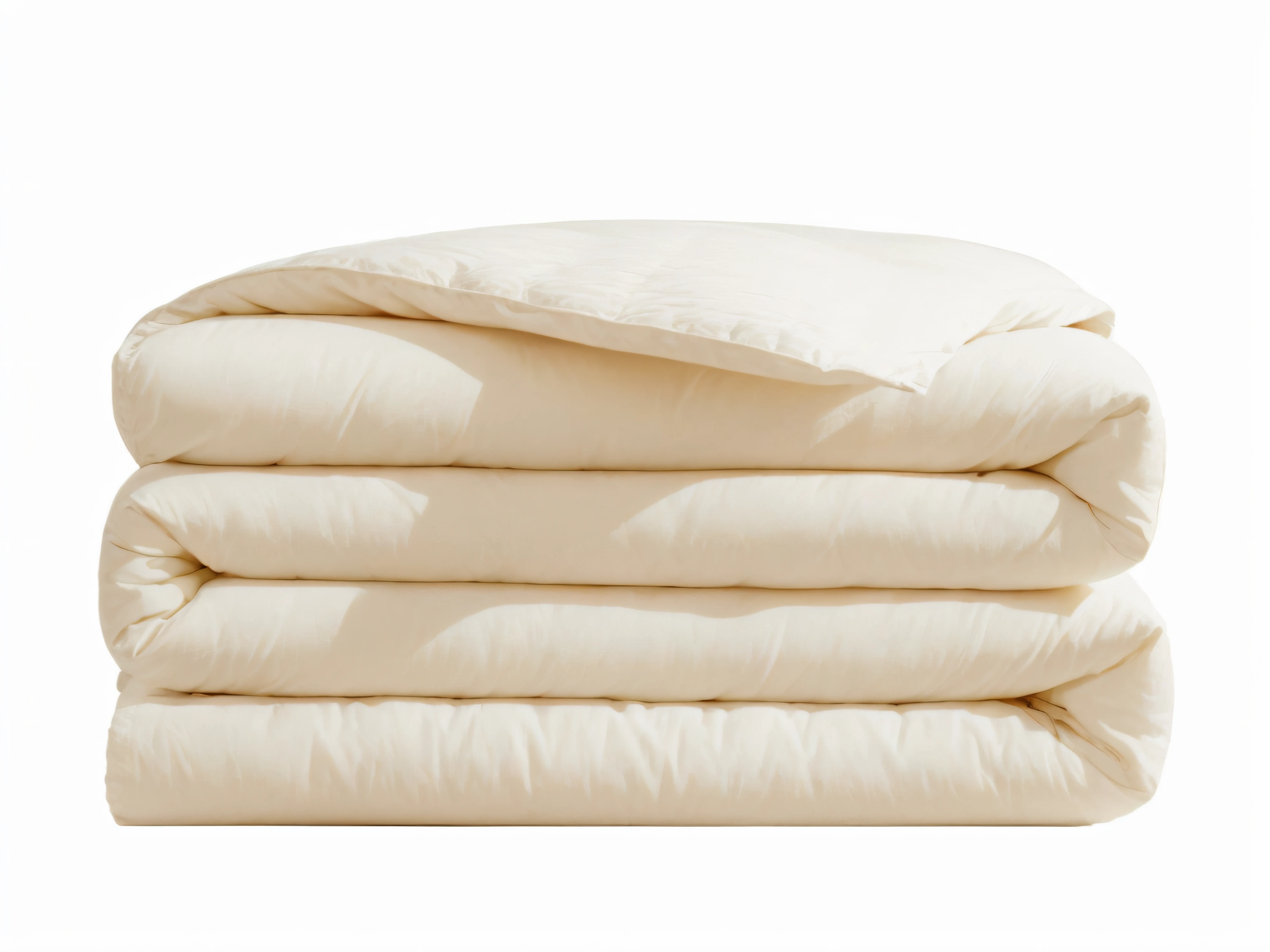 quilt，Close-up of folded quilts on the indoor bed, Cotton wool quilt，Thick quilt，Morandi color，Cotton texture，soft - warm, detailed white, tufted softly, Close-up of the product，Layered