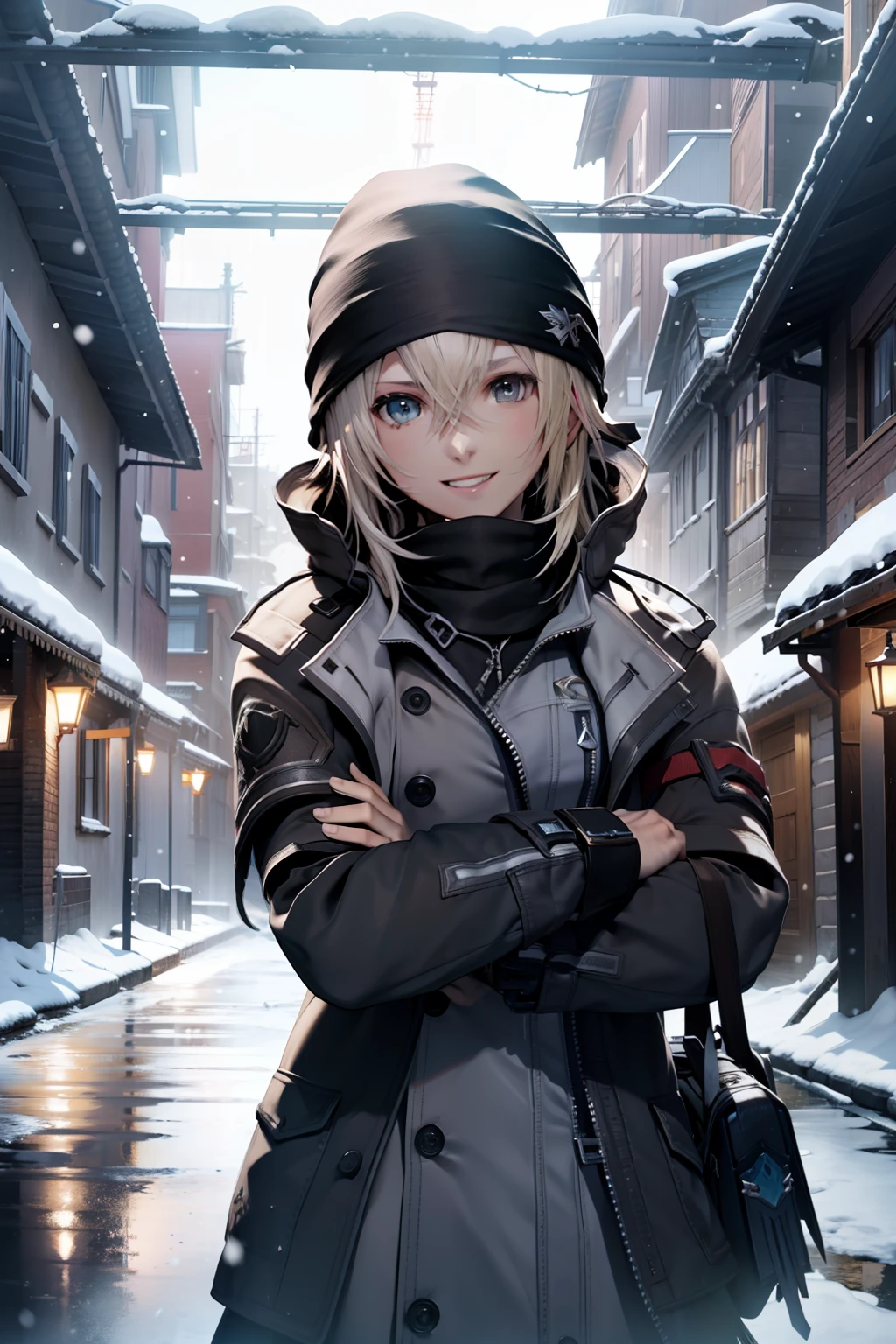 final fantasy XIII Snow villers, Final fantasy XIII, Snow villers, looking at viewer. in a Snowed village, In the Night, smiling, Looking at viewer, 4k, best quality