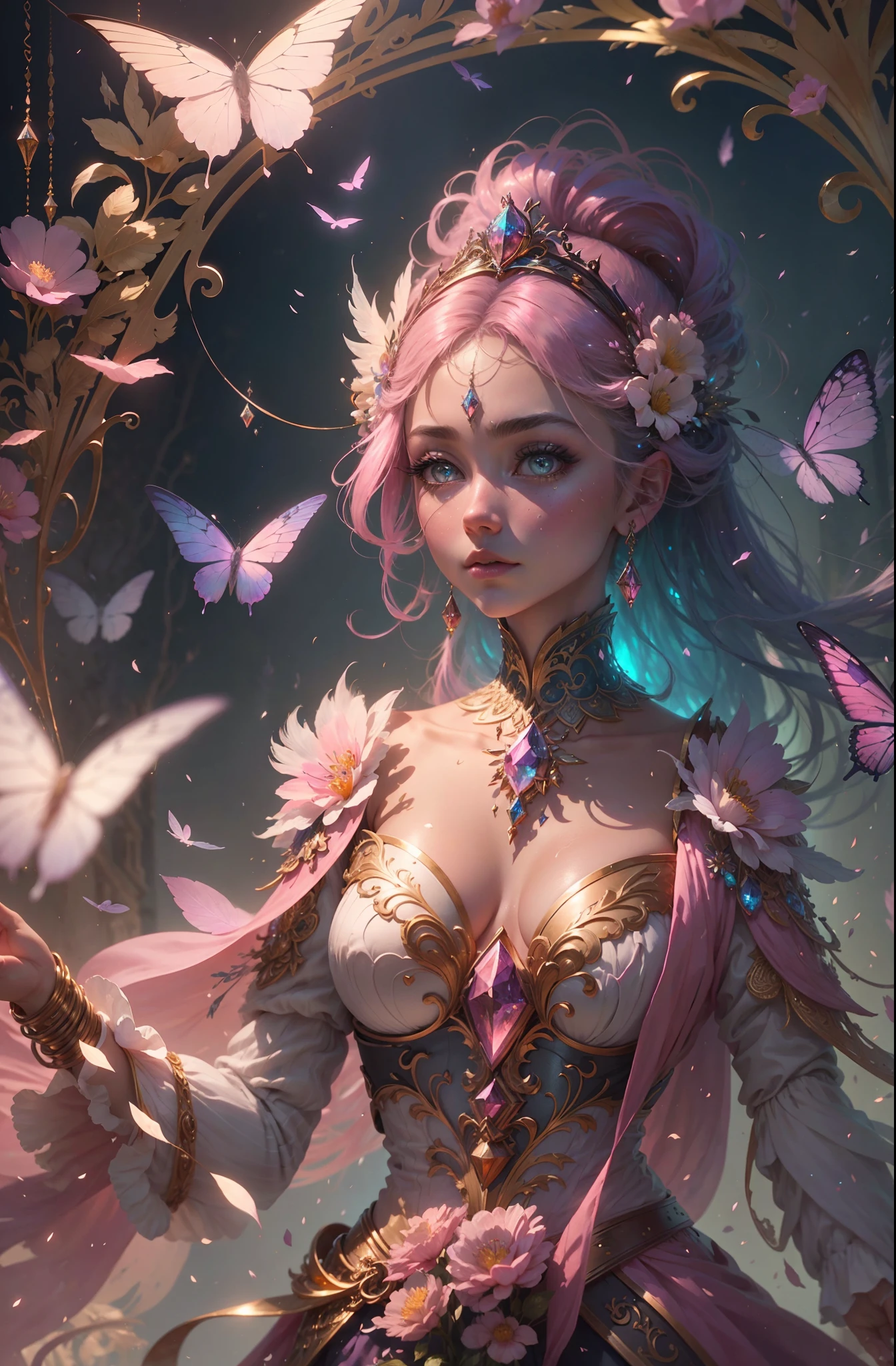 (((masterpiece))), (((best quality))), ((ultra-detailed)),(highly detailed CG illustration), ((an extremely delicate and beautiful)),cinematic light, Create a stunning fantasy artwork that mimics the style of currently trending masters of the genre. The art piece should contain elements of both mythic fantasy and fairytale fantasy with colorful accents. ((Utilize various shades of pink and watercolor pastels as the main color scheme.)) The character in the artwork is a delicate but strong petite figure with an aura of mystery and magic. Pay close attention to intricate facial features, such as mesmerizing eyes with vibrant colors and bold shading. The character's clothing should be designed with gossamer feathers, silk, stunning embroidery, and subtle iridescent details. Incorporate dreamy colors, dynamic lighting, and detailed background elements to create a sense of awe and immersion. Include colorful flying magical birds and jewel-toned butterflies radiating a magical aura. Consider the latest trends in fantasy art, such as incorporating unique lighting effects, exploring dynamic and compelling composition techniques, and experimenting with unique color palettes. Take inspiration from the top artists on ArtStation and Midjourney. Camera: Choose an angle that highlights the character's beauty and enhances the magical majesty of the artwork. Lighting: Utilize atmospheric lighting techniques to create depth and mood. Resolution: Aim for a high-resolution artwork to showcase intricate details and clarity. Art Inspirations: Seek inspiration from the trending artists on ArtStation, exploring different styles, genres, and themes.