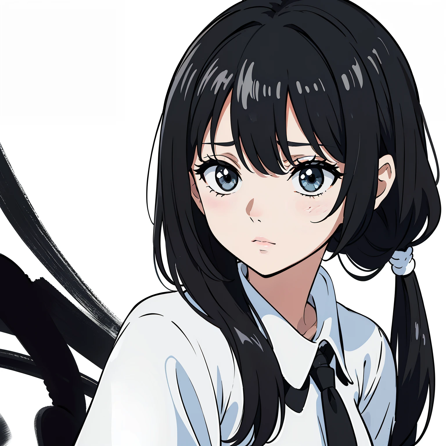 Nonchalant expression, black and white, disheveled fringe, medium messy hair, alluring look, black and white,Black and white painting,White background,Side Face,Horsetail