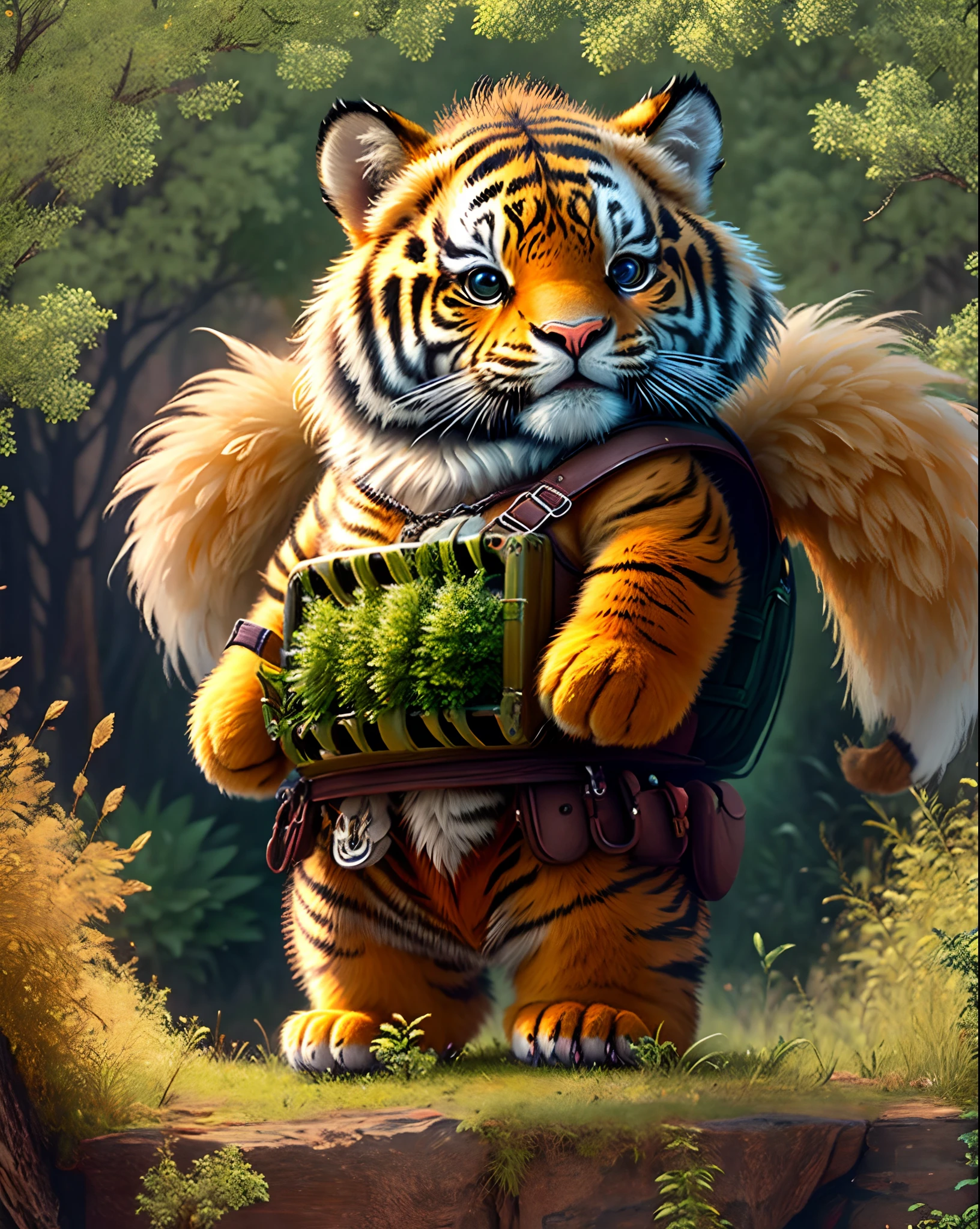 Top image quality、"Create a masterpiece of cute creatures. (a tiger), high detailing, in 8K、Top image quality、Dressed as an adventurer、Holding a sword and shield in your hand、