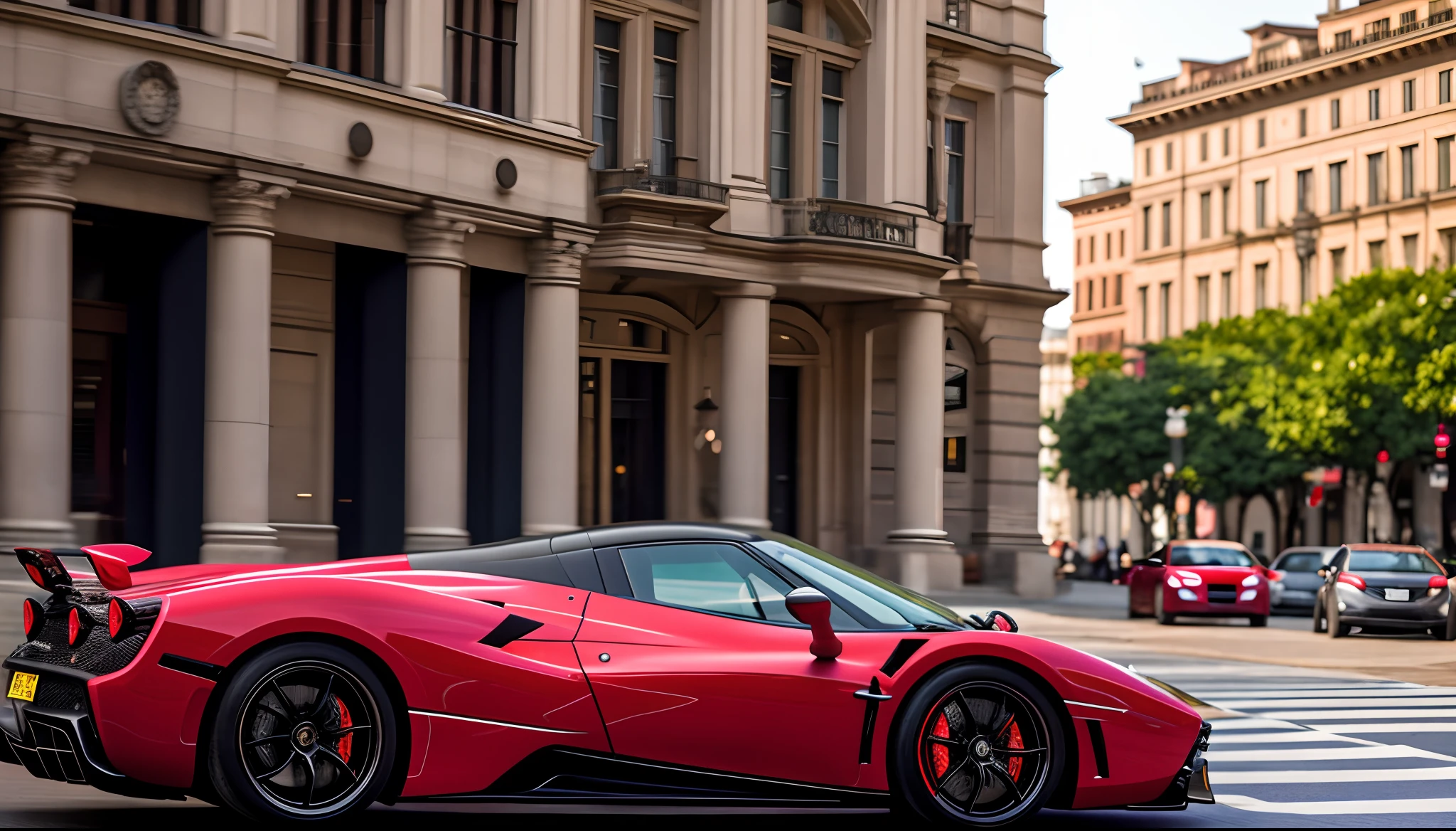 full decoration red pagani, in motion, in a city in the morning, masterpiece, best quality, high quality, realistic lighting, cinematic lighting, high resolution, sharp, in focus,4k, very details, ray tracing, shadow dynamic, light dynamic,city background,Texture dynamic, Texture details,HDR, Bloom,high reflection,