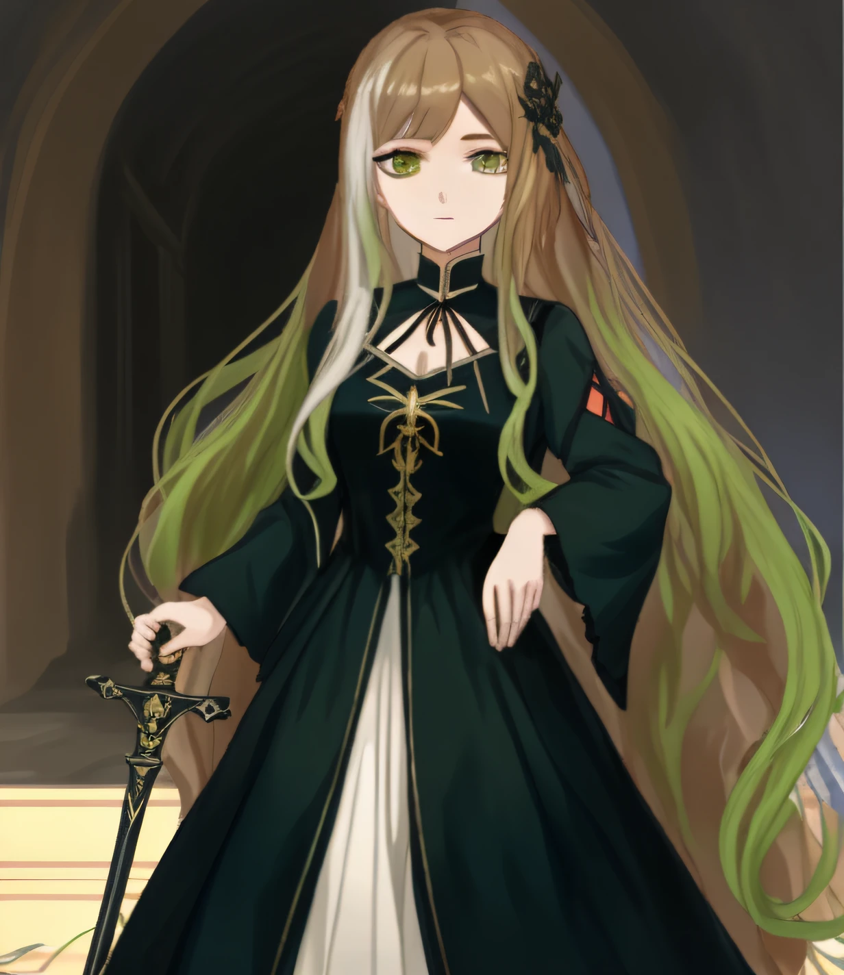 Anime girls wear dresses with long hair and green eyes, astral witch clothes, wearing aristocrat robe, Anime girl with long hair, girls frontline style, cute anime waifu in a nice dress, Anime girl wearing black dress, rena nounen style 3/4, From the girls' front, Dressed in fluent long clothes, head up and holy sword in hand on the coast。