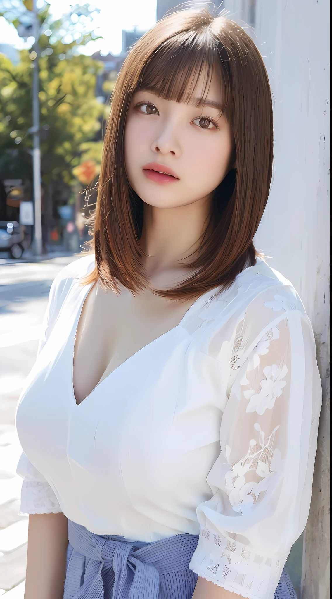 ((top-quality、8K、masterpiece:1.3))、Detail Women:1.3、(Medium Hair、Colossal tits:1.4)、Clothes that emphasize the chest very much、Clothes with open cleavage、Clothes that expose a lot of skin、ultra -detail、the detail、eyelid、Summer Street Corner
