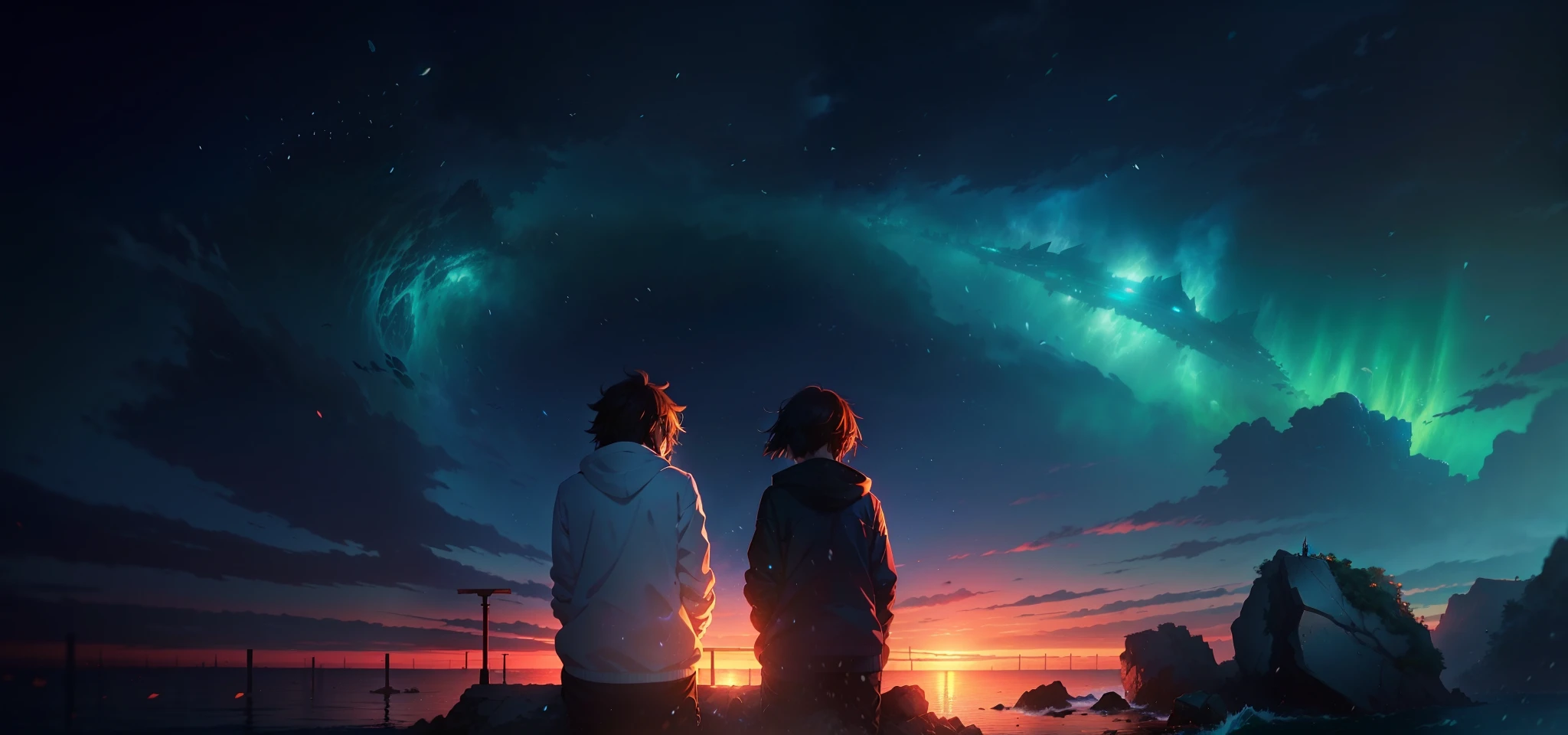 anime scene of two people sitting on a rock looking at a whale, makoto shinkai cyril rolando, guweiz and makoto shinkai, wallpaper anime blue water, ( ( makoto shinkai ) ), anime film still, makoto shinkai and bioware, blue sea. by makoto shinkai, colorful anime movie background