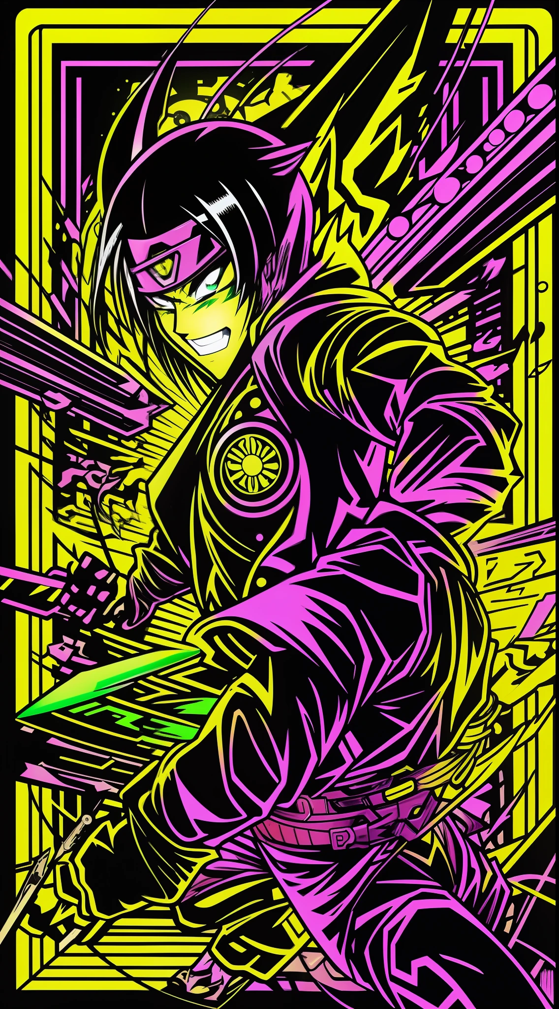 Ninja、Electromechanical、silhuette、cyberpunked、A logo、mechanic、heroic、traffic jam、knifes、Vivid Color、Back alley、Luminous Eyes、Flying shurikens、Acrobatic poses、One Ninja、Aura of green flame、A Japanese style、TOKYOcty、Neon Street、masks、Luminous Eyes、Activate the jutsu、The afterimage of movement is expressed in neon colors.、Crazy smiling ninja、