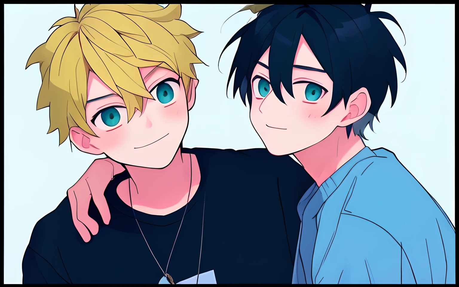 (2boys),upper body,black hair and blonde hair, looking at viewer, (flat color,simple background),angle,friends,close mouth,