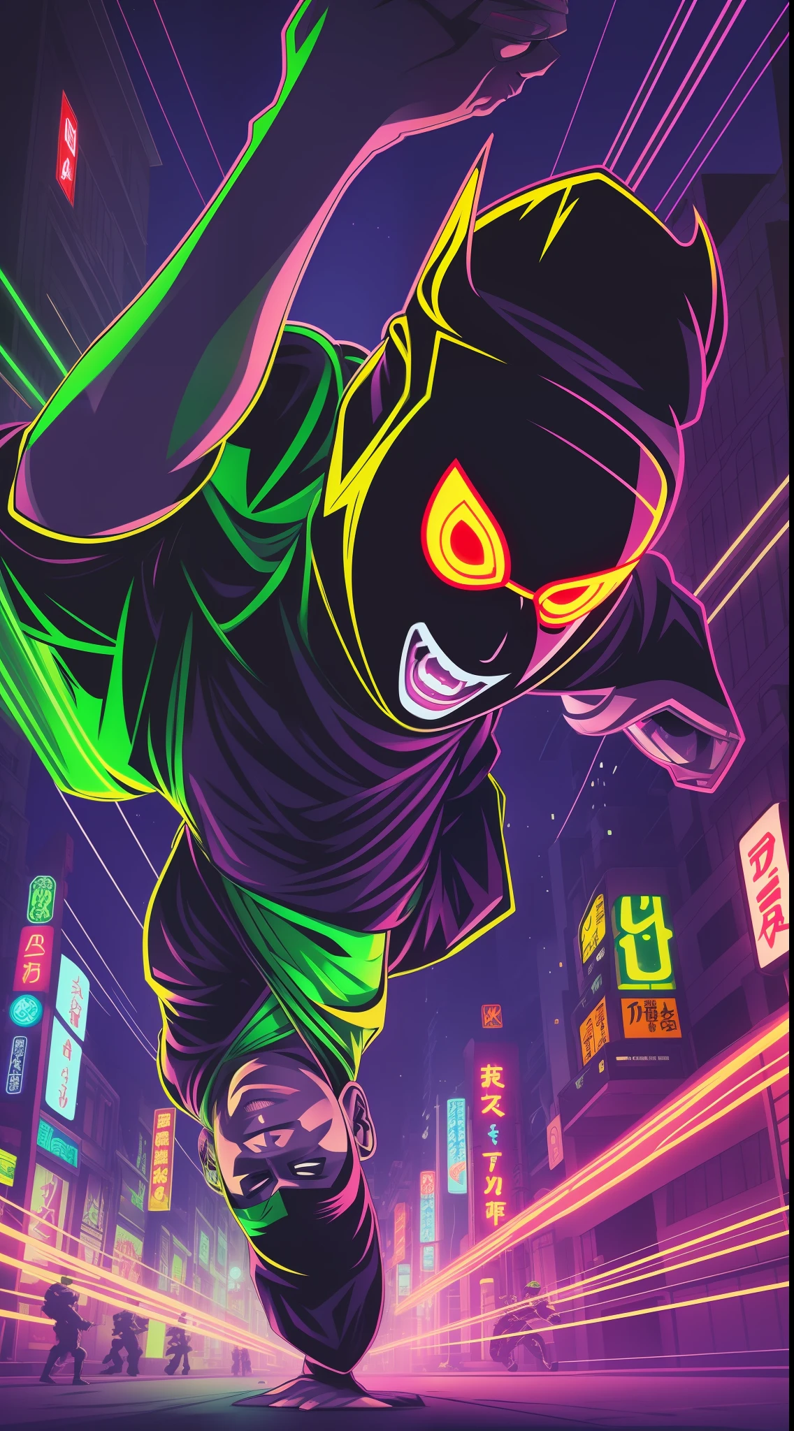 Ninja、Electromechanical、silhuette、cyberpunked、A logo、mechanic、heroic、traffic jam、knifes、Vivid Color、Back alley、Luminous Eyes、Flying shurikens、Acrobatic poses、One Ninja、Aura of green flame、A Japanese style、TOKYOcty、Neon Street、masks、Luminous Eyes、Activate the jutsu、The afterimage of movement is expressed in neon colors.、Crazy smiling ninja、