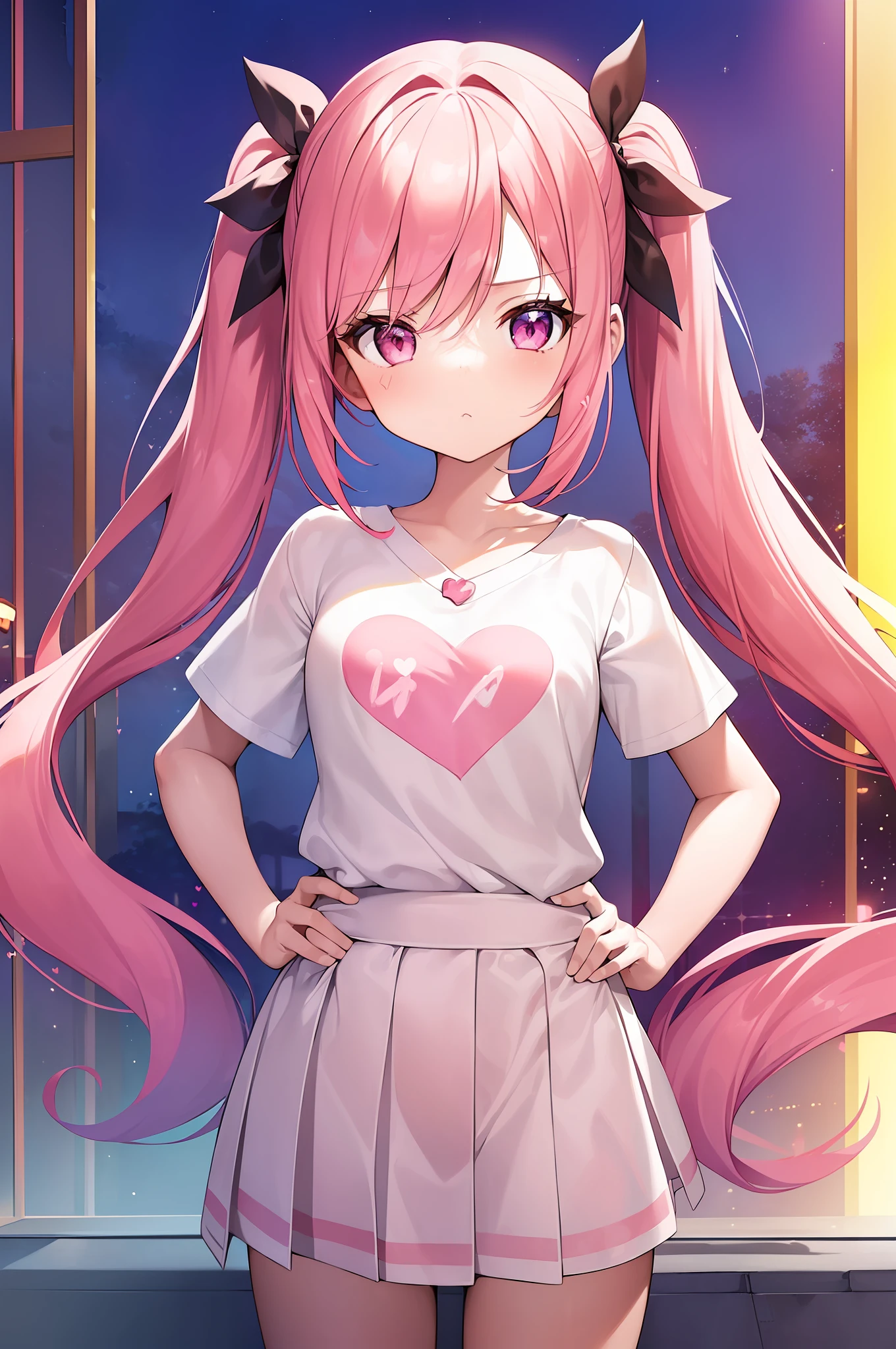 1girl. pink hair.long hair.twintails.{loli}.short stature.small breast.white t-shirts.skirt. (((masterpiece))).(((best quality))).)((ultra-detailed))).(((illustration))). (((put your hands on your hips))).(((night view))).(((Heart on chest))).make a fist.