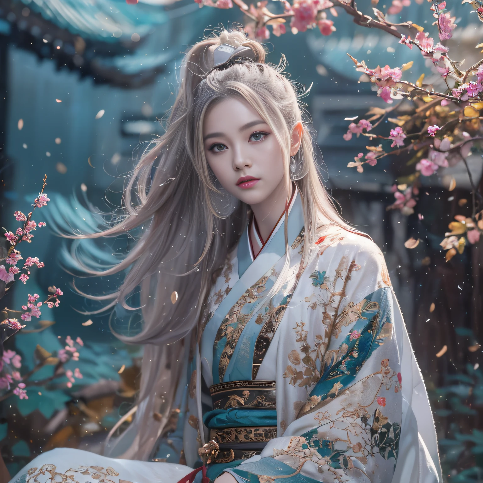 32K（tmasterpiece，k hd，hyper HD，16k）Flowing short hair，Backroom pond，zydink， a color，  Asian people （Female Student）， （Silk scarf）， Combat posture， looking at viewert， long whitr hair， Floating hair， Hanfu， Chinese clothes， longer sleeves， （abstract ink splash：1.2）， white backgrounid，Kirin Beast Protector （realisticlying：1.4），，Snowflakes fluttering，The background is pure， A high resolution， the detail， RAW photogr， Sharp Re， Nikon D850 Film Stock Photo by Jefferies Lee 4 Kodak Portra 400 Camera F1.6 shots, Rich colors, ultra-realistic vivid textures, Dramatic lighting, Unreal Engine Art Station Trend, cinestir 800，