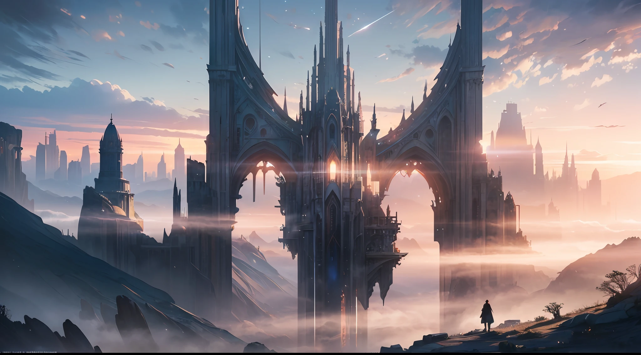 (by Greg Rutkowski: 1.2), (ultra-detailed CG unity 8k wallpaper, masterpiece, best quality, depth of field, HDR, intricate), delicate, Craft a mesmerizing and otherworldly realm, filled with vivid hues, majestic, and enchanting landscapes, (no human), sharp focus, post processing, impressive