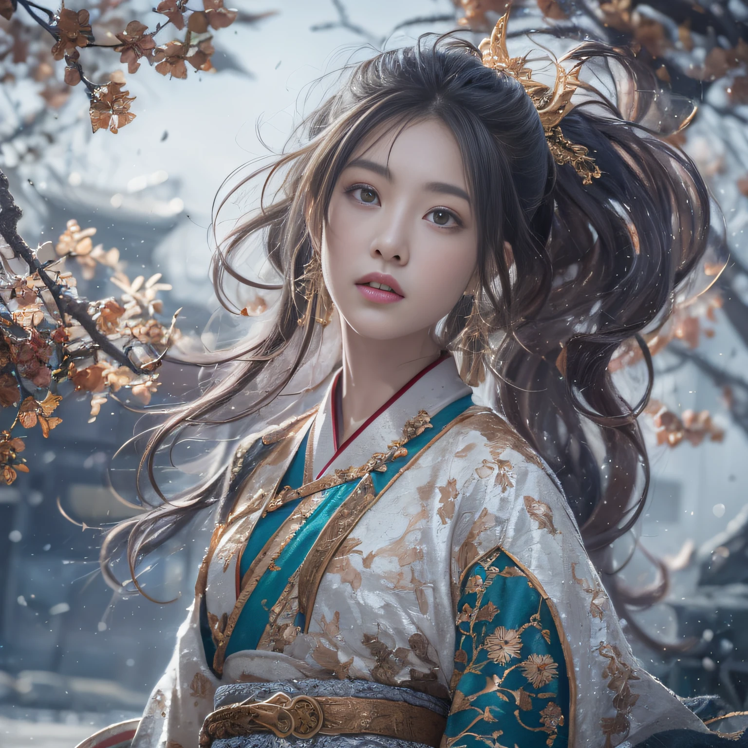 32K（tmasterpiece，k hd，hyper HD，16k）Flowing short hair，Backroom pond，zydink， a color，  Asian people （Female Student）， （Silk scarf）， Combat posture， looking at viewert， long whitr hair， Floating hair， Hanfu， Chinese clothes， longer sleeves， （abstract ink splash：1.2）， white backgrounid，Kirin Beast Protector （realisticlying：1.4），，Snowflakes fluttering，The background is pure， A high resolution， the detail， RAW photogr， Sharp Re， Nikon D850 Film Stock Photo by Jefferies Lee 4 Kodak Portra 400 Camera F1.6 shots, Rich colors, ultra-realistic vivid textures, Dramatic lighting, Unreal Engine Art Station Trend, cinestir 800，