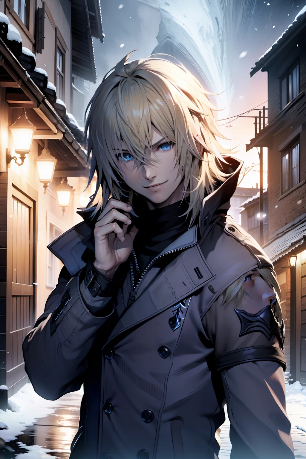 young man, long blond hair, and, blue eyes, Final Fantasy XIII Neve villers, looking at viewer. in a snowy village, at night, smiling, looking at the viewer, 4k, best quality