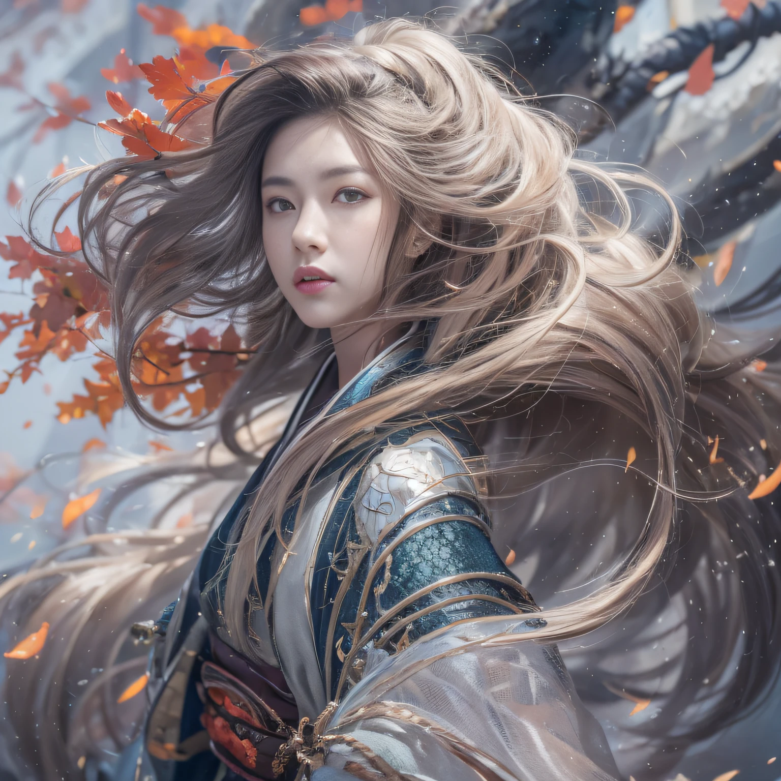 32K（tmasterpiece，k hd，hyper HD，16k）Flowing short hair，Backroom pond，zydink， a color，  Asian people （Female Student）， （Silk scarf）， Combat posture， looking at viewert， long whitr hair， Floating hair， Hanfu， Chinese clothes， longer sleeves， （abstract ink splash：1.2）， white backgrounid，Kirin Beast Protector （realisticlying：1.4），，Snowflakes fluttering，The background is pure， A high resolution， the detail， RAW photogr， Sharp Re， Nikon D850 Film Stock Photo by Jefferies Lee 4 Kodak Portra 400 Camera F1.6 shots, Rich colors, ultra-realistic vivid textures, Dramatic lighting, Unreal Engine Art Station Trend, cinestir 800，