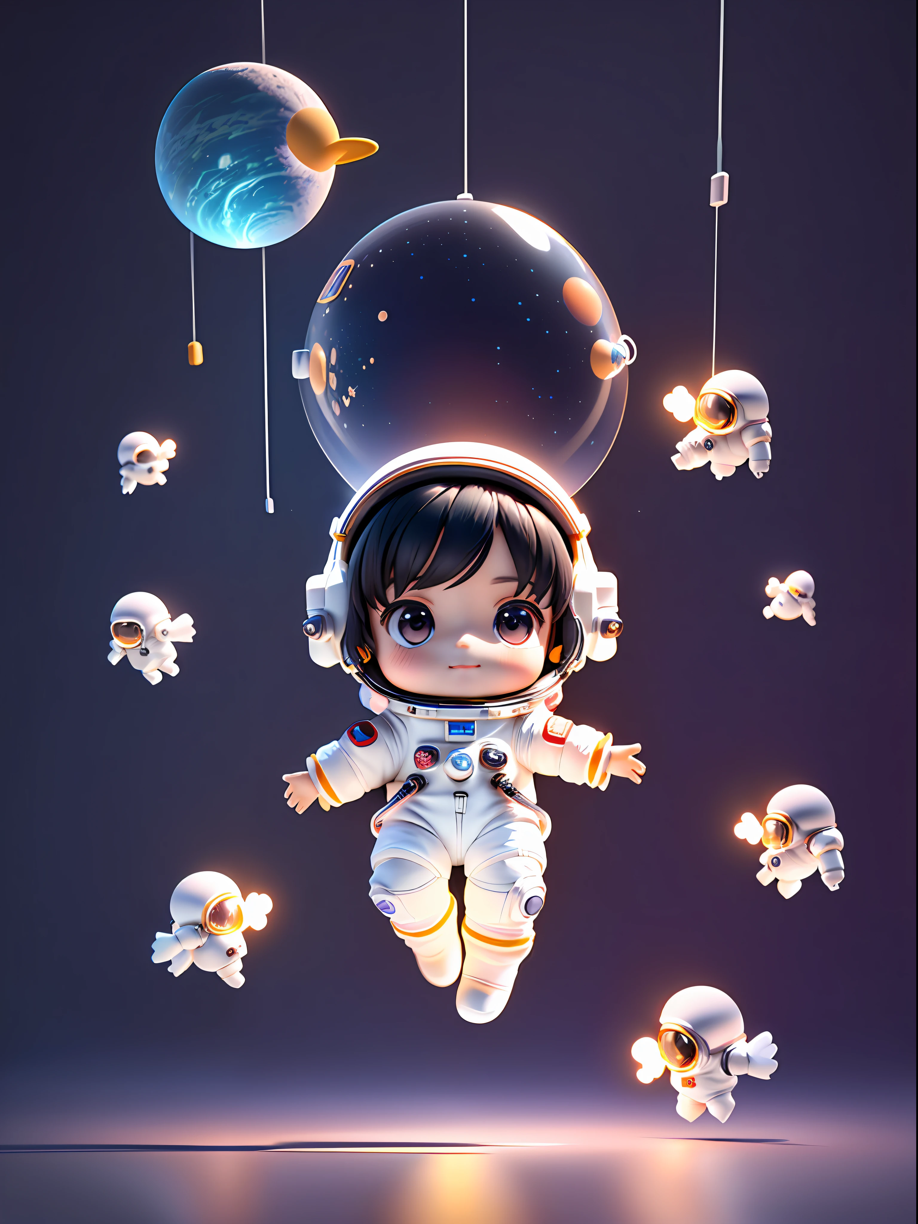 Super cute girl full body 3D drawing, 1pc, good looking eyes, big eyes, cute, happy, c4d, pop matt blind box, glowing bubbles, toys, solid color background, chibi, fluorescent translucency, luminous body, kawaii, doll, (((astronaut, white spacesuit)))), reference sheet, pop mart blind box, Pixar, intricate details, 3d rendering, blender, oc renderer, fol reference body sheet, dribble, High Details, 8K, Studio Lighting, Loli, Petite, Child, Chibi, SD characters: 1.1, Magic Space Background, Flying, Levitating, Black Hair