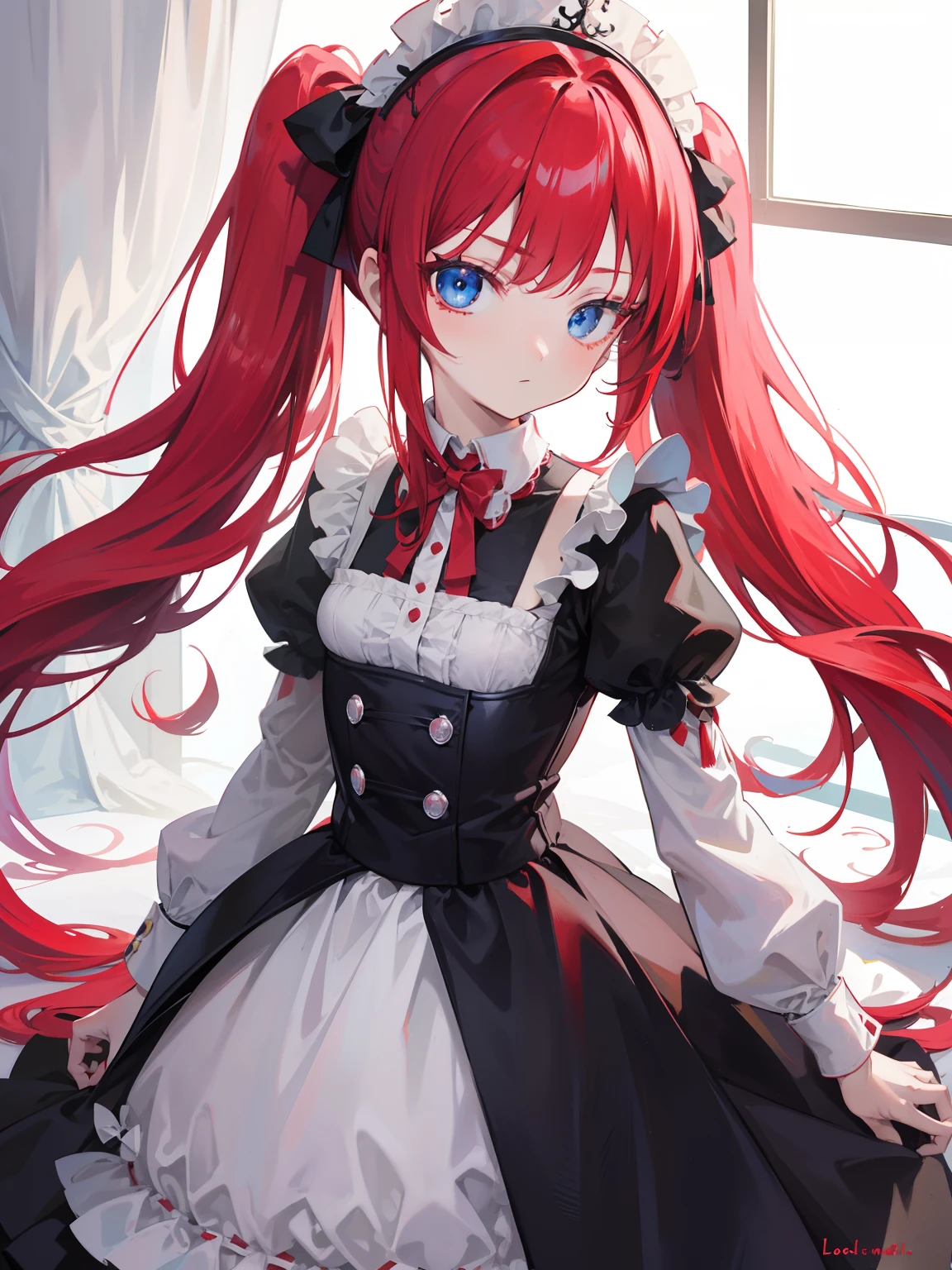 red hair,blue eyes,twintails,maid, long hair, long sleeves, gothic, solo, ,{{best quality}}, {{masterpiece}}, {{ultra-detailed}}, {illustration}, {detailed light}, {an extremely delicate and beautiful},
