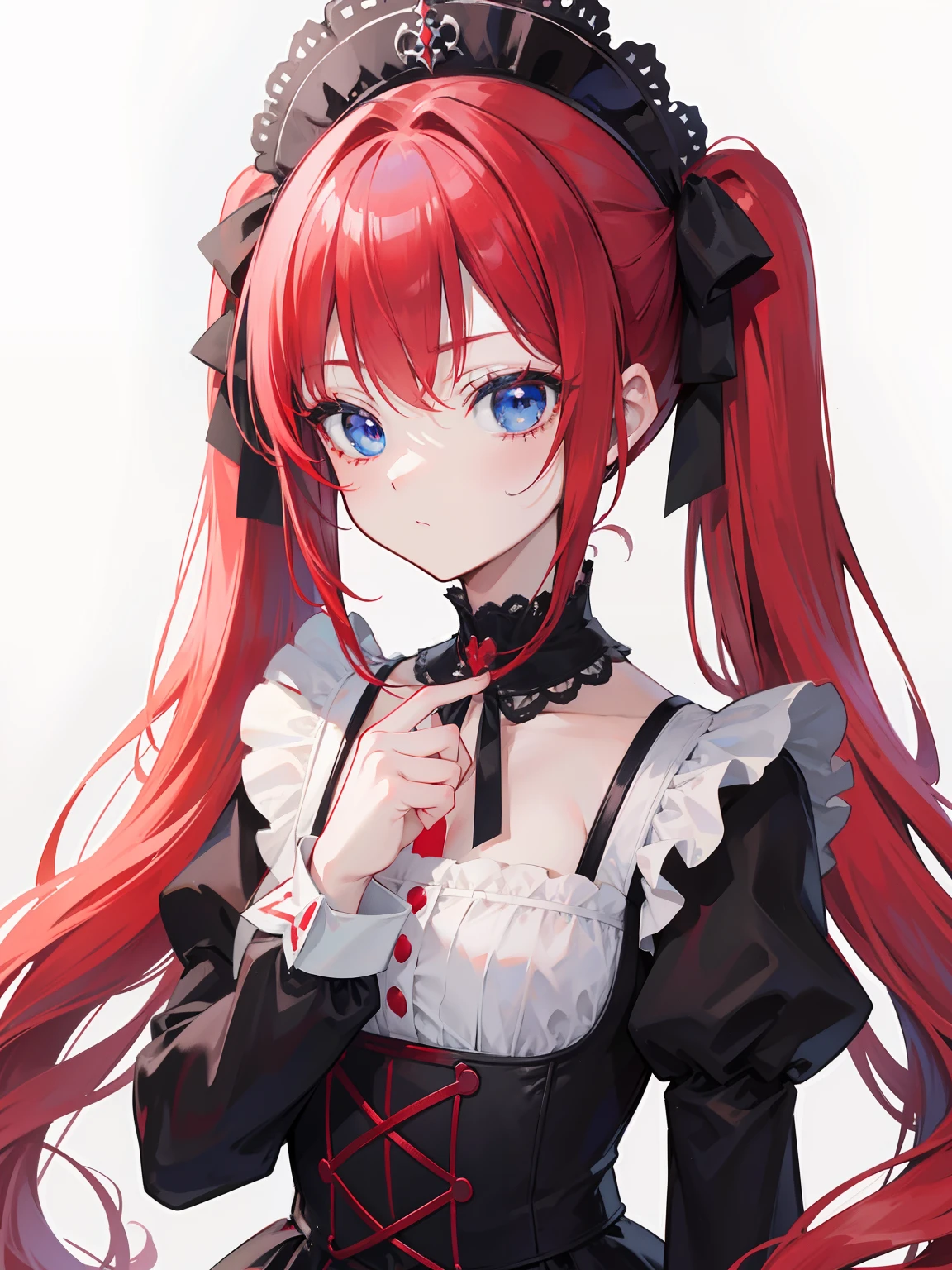 red hair,blue eyes,twintails,maid, long hair, long sleeves, gothic, solo, loli,{{best quality}}, {{masterpiece}}, {{ultra-detailed}}, {illustration}, {detailed light}, {an extremely delicate and beautiful},