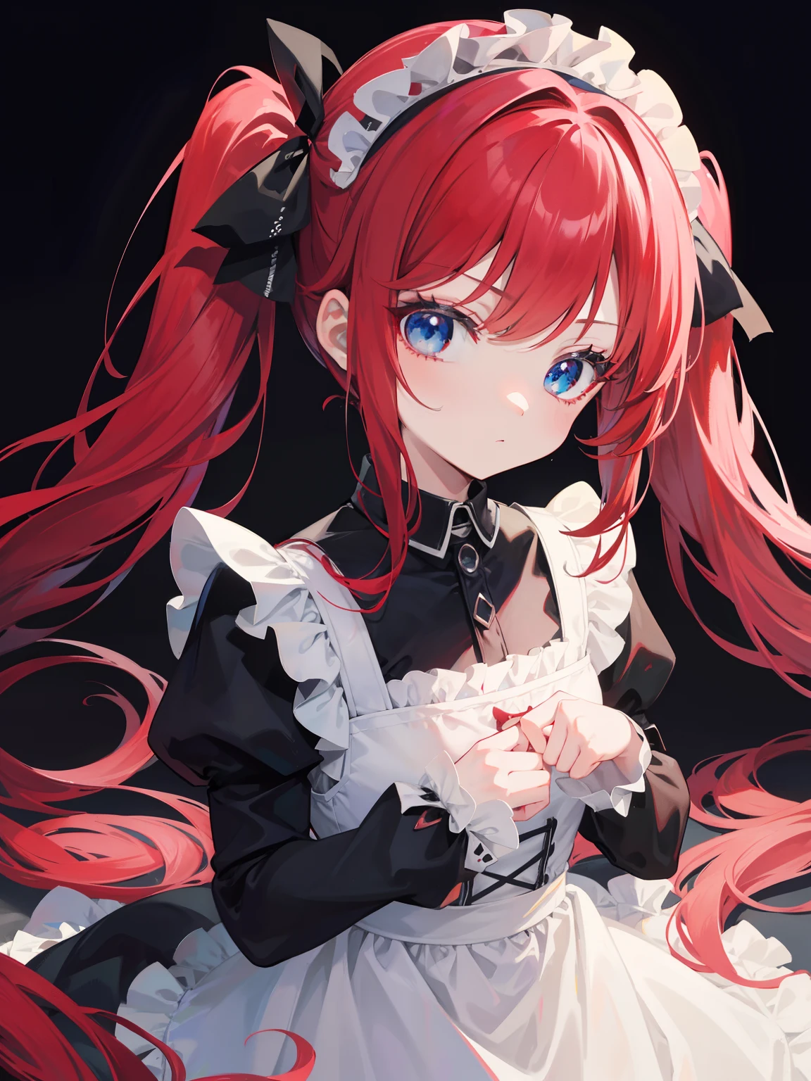 red hair,blue eyes,twintails,maid, long hair, long sleeves, gothic, solo, loli,{{best quality}}, {{masterpiece}}, {{ultra-detailed}}, {illustration}, {detailed light}, {an extremely delicate and beautiful},