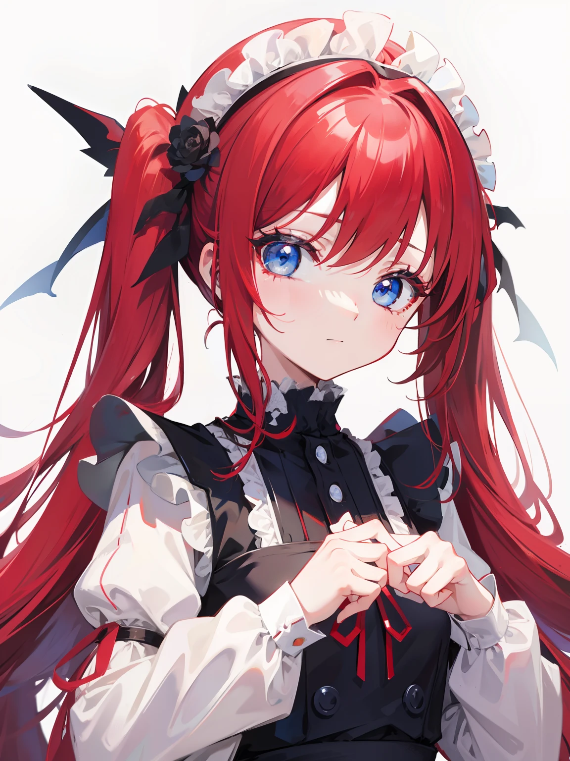 red hair,blue eyes,twintails,maid, long hair, long sleeves, gothic, solo, loli,{{best quality}}, {{masterpiece}}, {{ultra-detailed}}, {illustration}, {detailed light}, {an extremely delicate and beautiful},