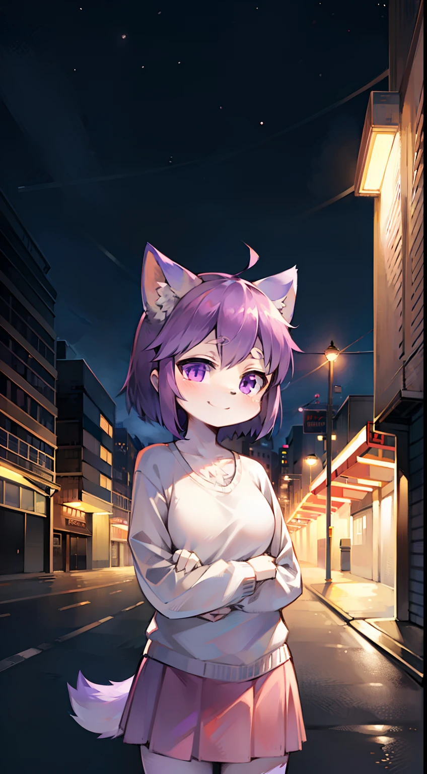 Solo, kemono, female, girl, purple hair, purple eyes, wear white shirt, wear pink skirt, look at camera, smile, standing in parking lot, parking lot background, night time