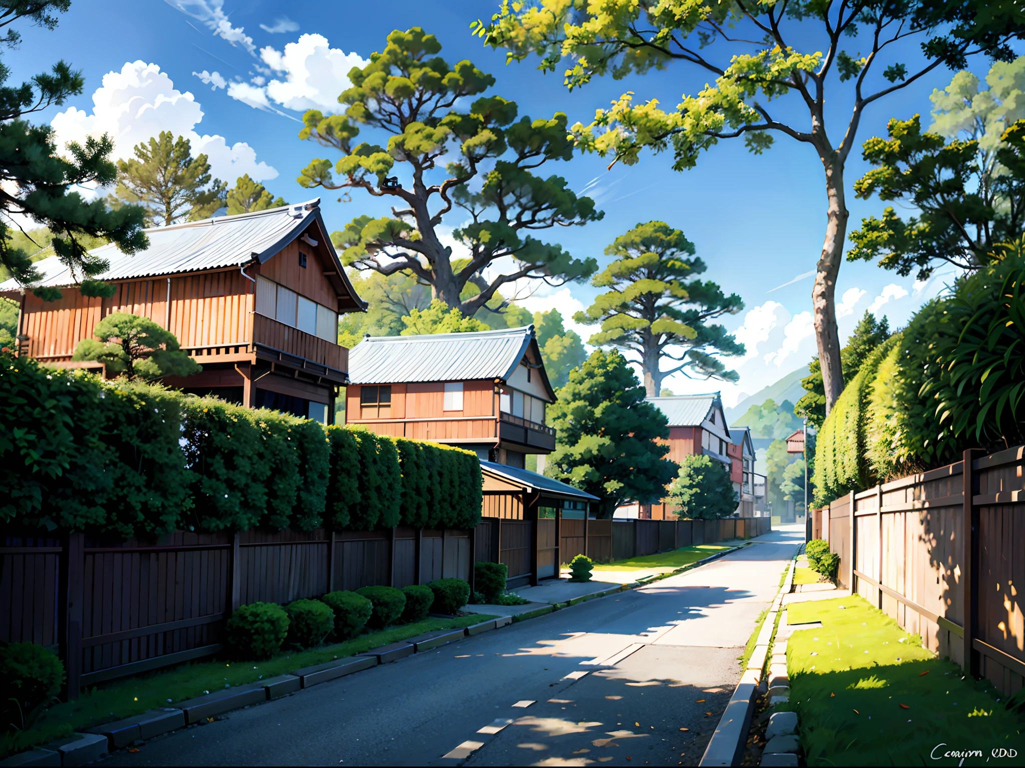 (Japanese town Landscape), (Hayao Miyazaki Style), cartoon, japanese rarely townhouse, road, bend, small house, tree, pole, white cloud, calm landscape, outdoor, green trees, epic composition, realistic lighting, high-definition detail, masterpiece, the best quality, (very detailed CG unified 8k wallpaper), --v6