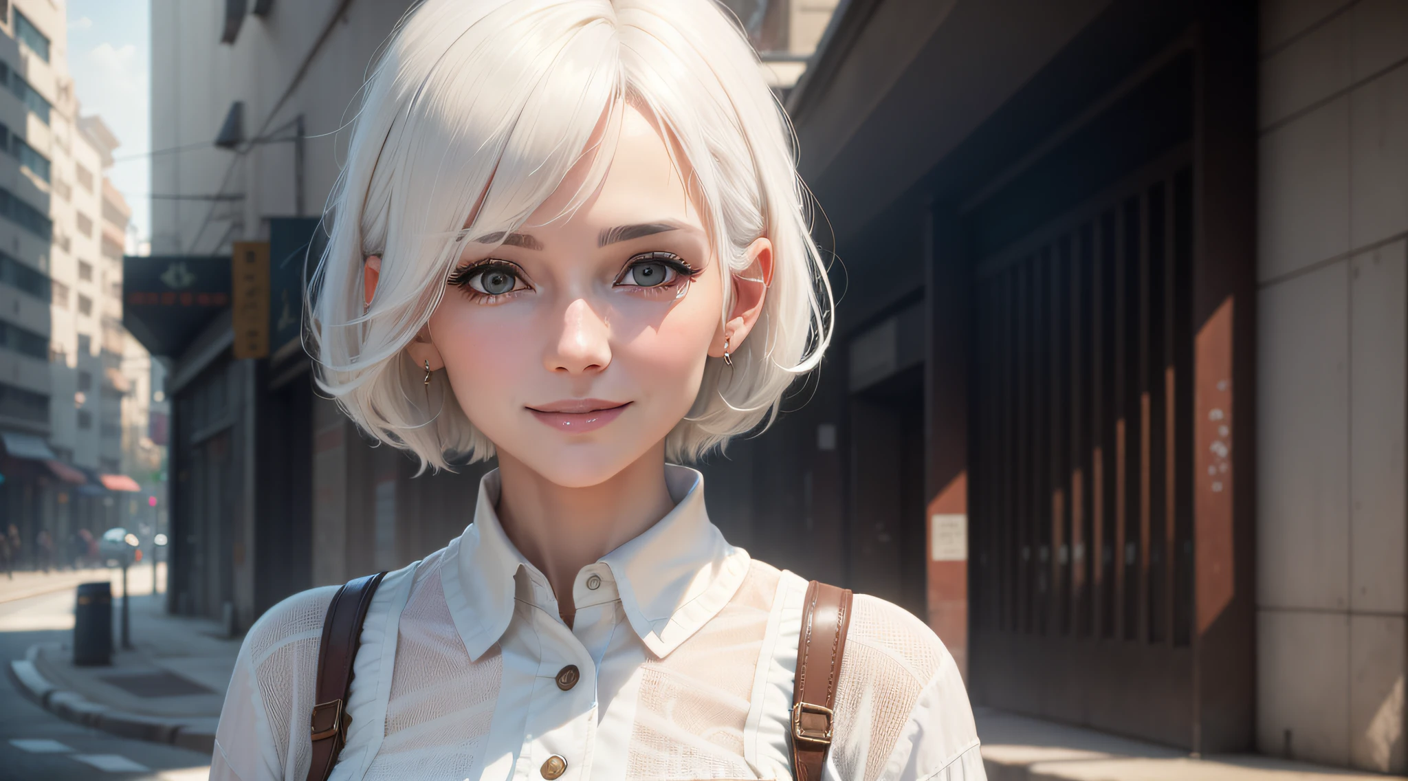 Mature girl，white color hair，is shy，Light smile，8k，Textured skin，A high resolution，Ray traching，urban backdrop，