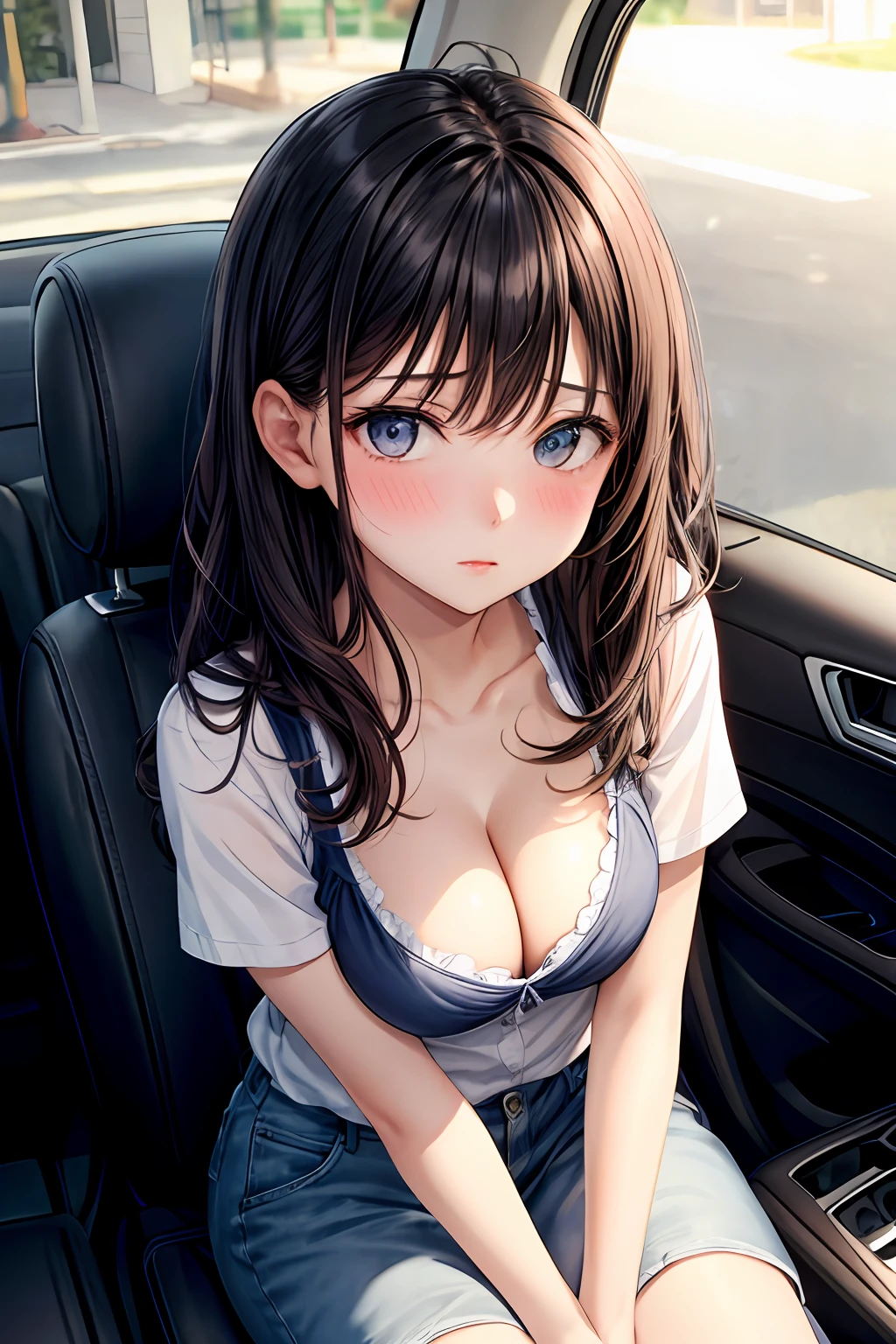 ultra detailed, 1girl, 15y, medium breasts, blush, sit on seat, straight-on, in car, leaning forward, blush, cleavage, from above, sideways, masterpiece, best quality