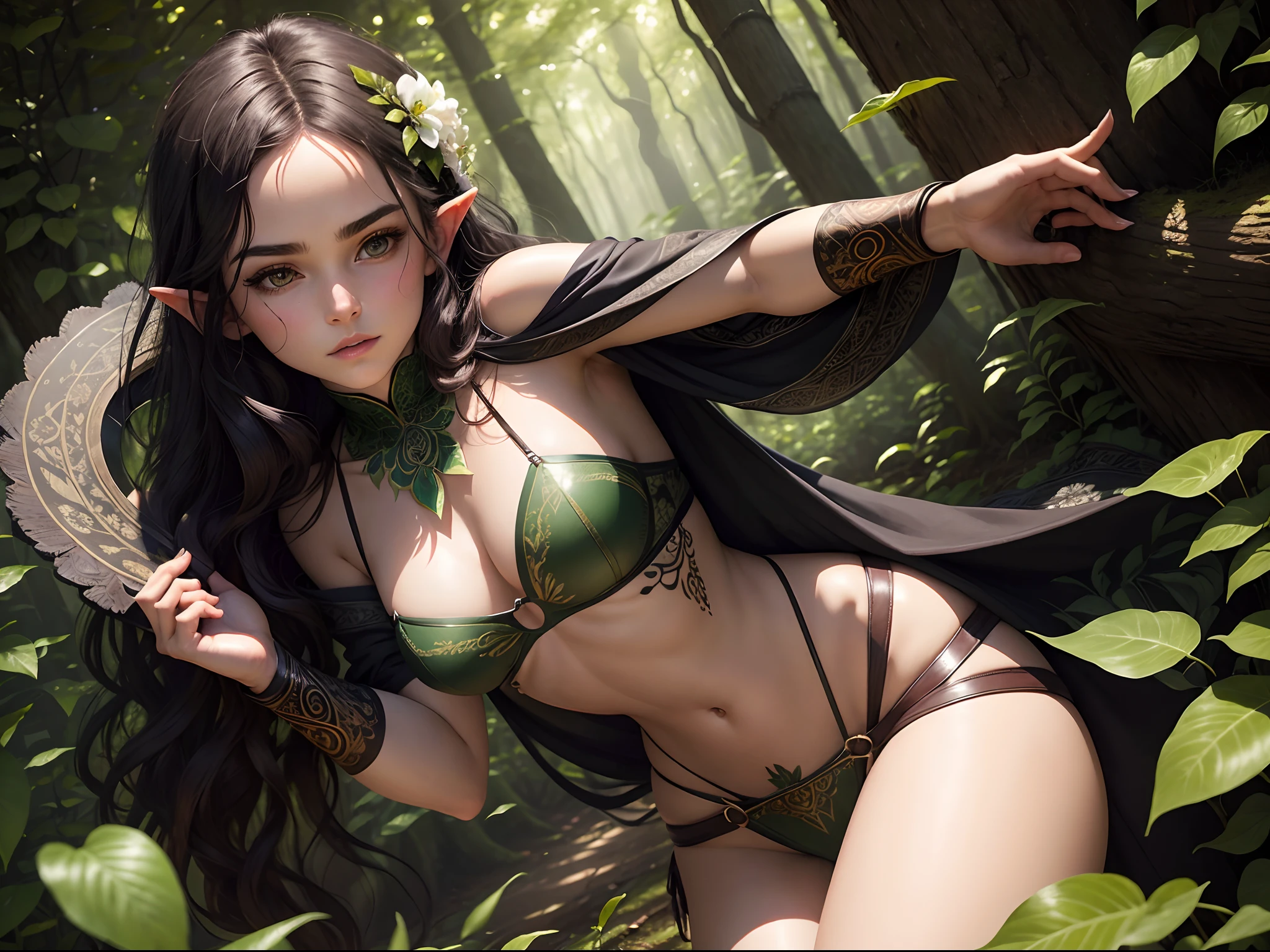 In the heart of an ancient and enchanted forest, where sunlight filtered through leaves dwells a strikingly beautiful Emma Watson as an elf girl. Her presence was a harmonious blend of ethereal grace and fierce determination, a true embodiment of the forest's magic. her lithe form was a testament to her agility and strength, her skin bore a flawless olive hue, kissed by the sun and adorned with intricate patterns of ivy leaves tattooed in shimmering shades of green, a tribute to her deep connection with the forest. Eyes the color of a tranquil forest pool gazed out from beneath arched brows, an entrancing shade of emerald that held the wisdom of centuries gone by. Long, raven-dark hair cascaded down her back in untamed waves, seemingly woven from the threads of midnight itself, occasionally adorned with small flowers and feathers as symbols of her bond with the creatures she protected. Her attire was a harmonious blend of practicality and elegance. A fitted tunic of supple forest-green leather clung to her form, allowing her freedom of movement while providing protection. Intricately designed patterns of leaves and vines were etched into the leather, a true work of art that mirrored the very forest she called home. Tied at her waist was a leather belt adorned with pouches and quivers, holding her arrows with an air of readiness.