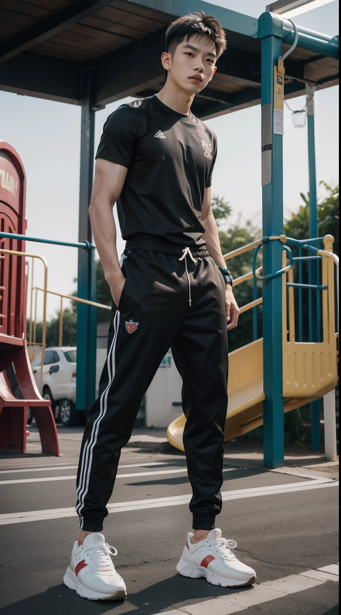 Ren Jialun's face，Short-sleeved outfit，shorter pants，athletic sneakers，full body detailing，imagem de qualidade alta，hyper realisitc，Realiy，Background playground，