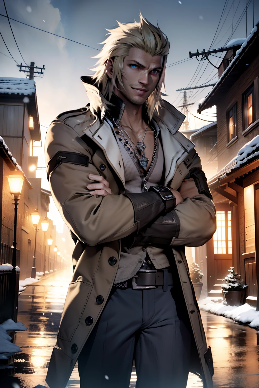 (masterpiece, best quality:1.2), cowboy shot, solo, male focus, 1boy, snow villiers, muscular male, facial hair, stubble, grin, looking at viewer, crossed arms, coat, pants, jewelry, necklace, young man, long blond hair, and, blue eyes, Final Fantasy XIII Neve villers, looking at viewer. in a snowy village, at night, smiling, looking at the viewer, 4k, best quality