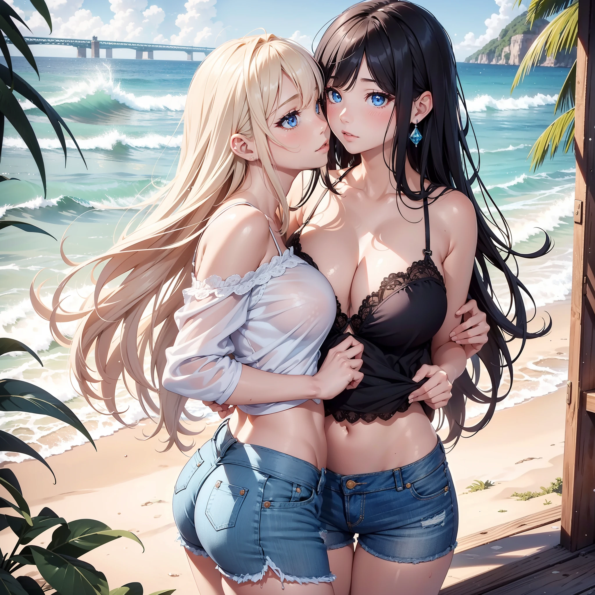 2 girls in, the kiss, secret, beautiful ocean, splash water, Eyes Like Gems,a baby face, huge filesize, ultra-detailliert, hight resolution, ighly detailed, top-quality, masterpiece, Hi-Res, high-level image quality, hiquality, extra detailed face, extremely detailed eye, long eyeslashes, 8k wallpaper, magnifica, finely detail, 电影灯光, Young Face, large full breasts, kirakira, Light in the eyes, Camisole and denim shorts, Shyness, Dye your cheeks,