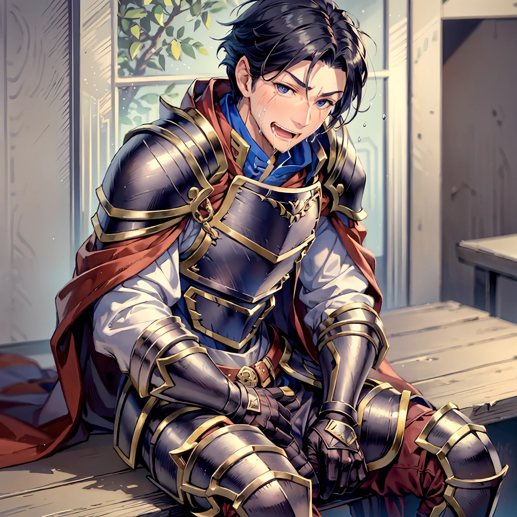 Hector Fey， 独奏， looking at viewert， Teasing laughter， Open your mouth，drools，perspire，Drenched，Get wet，mitts， 1 man， Male focus， sit astride（sit on chair），Cloak， Armour， Shoulder armor， look from down