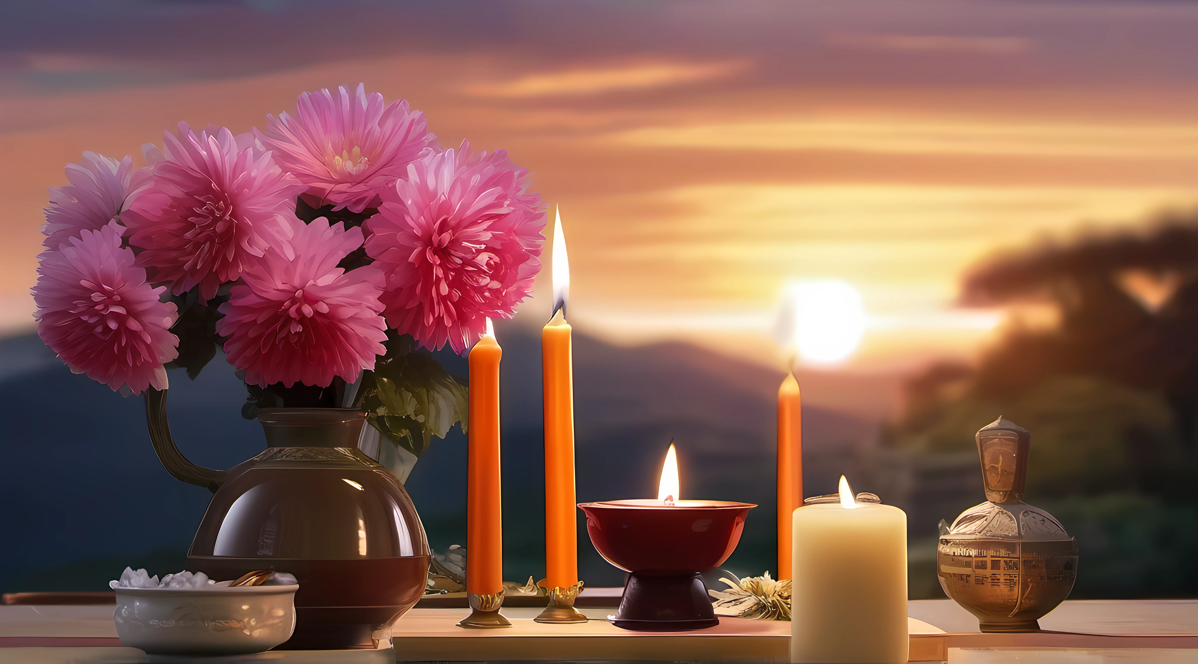 Memorial, waxy candles, incense, Moutai wine, chrysanthemums, Komukai Hioi, the fruits, Placed on the table, sun light, chiaroscuro, god rays, Sony FE GM, highres, high quality, ccurate, 1080P