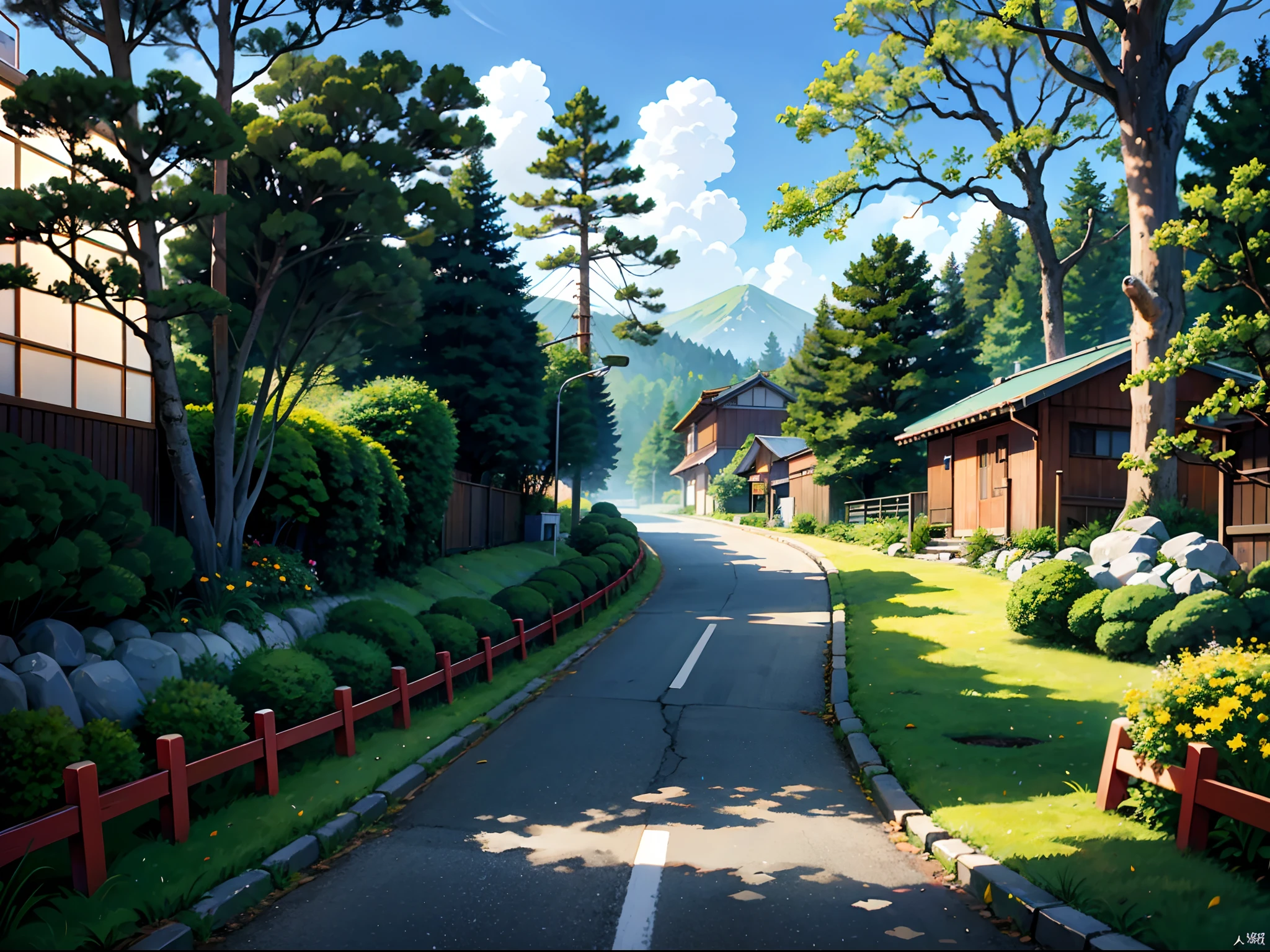 (Japanese town Landscape), (Hayao Miyazaki Style), cartoon, japanese rarely townhouse, road, bend, small house, tree, pole, white cloud, calm landscape, outdoor, green trees, epic composition, realistic lighting, high-definition detail, masterpiece, the best quality, (very detailed CG unified 8k wallpaper), --v6